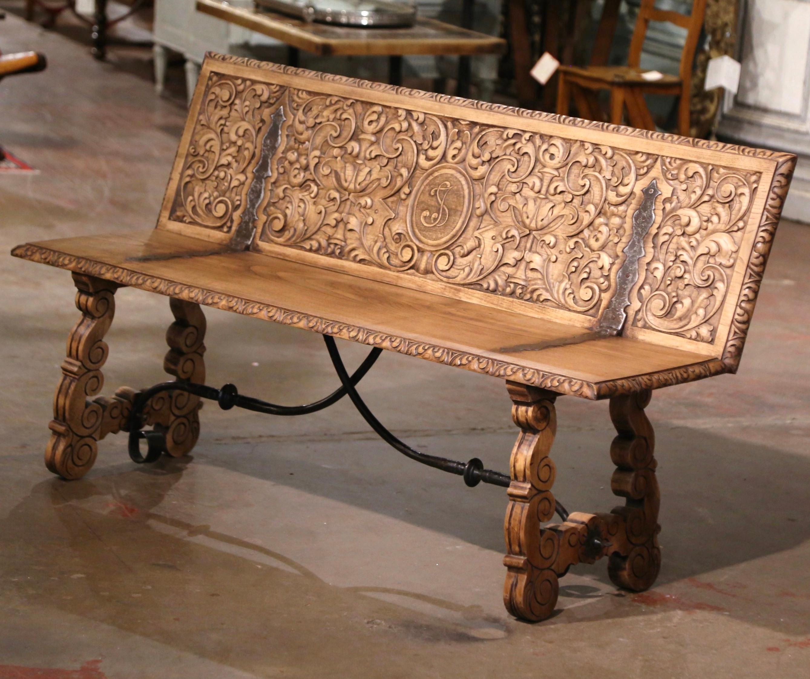 19th Century Spanish Renaissance Carved Bleached Chestnut and Iron Bench In Excellent Condition For Sale In Dallas, TX