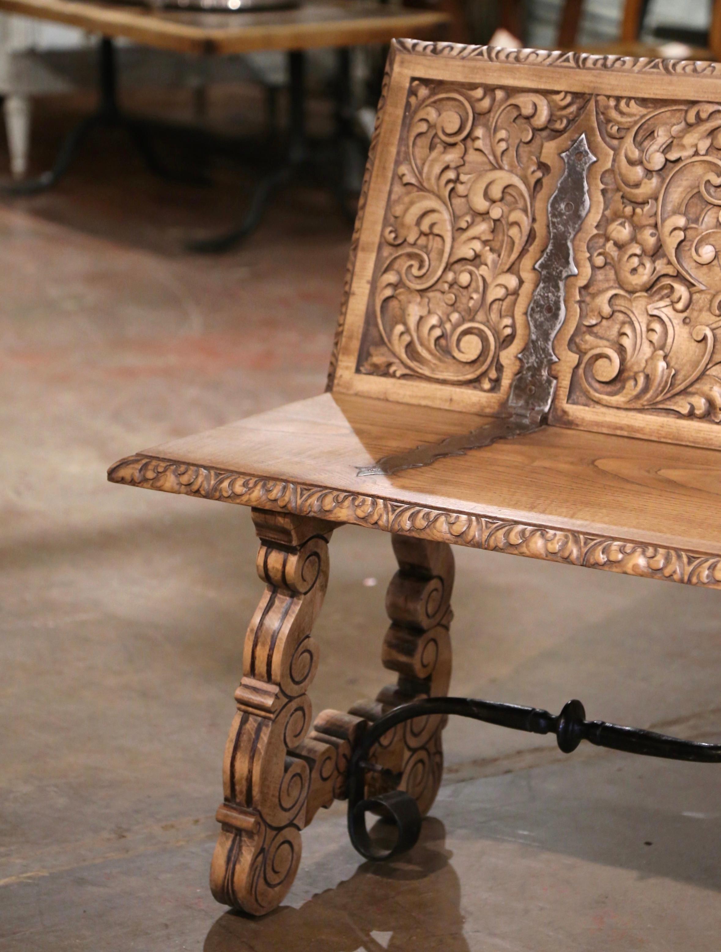 Wrought Iron 19th Century Spanish Renaissance Carved Bleached Chestnut and Iron Bench For Sale