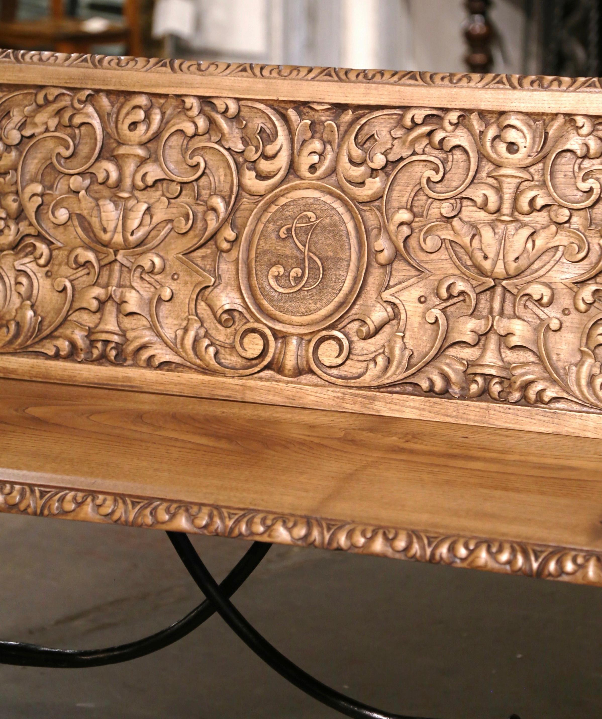 19th Century Spanish Renaissance Carved Bleached Chestnut and Iron Bench For Sale 1