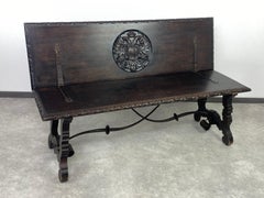 19th Century Spanish Renaissance Carved Chestnut and Iron Bench
