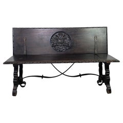 19th Century Spanish Renaissance Carved Chestnut and Iron Bench