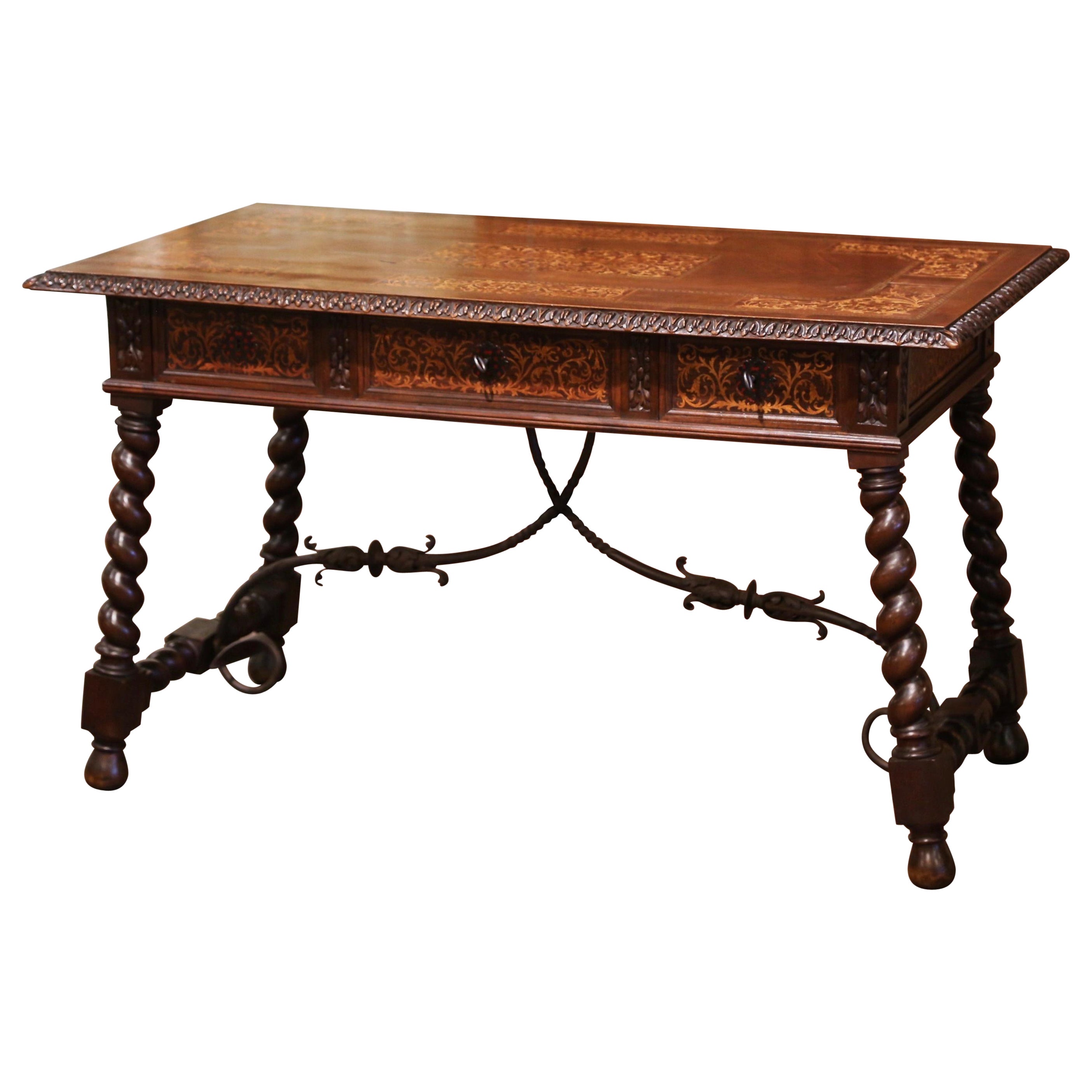 19th Century Spanish Renaissance Carved Marquetry Walnut and Iron Table Desk