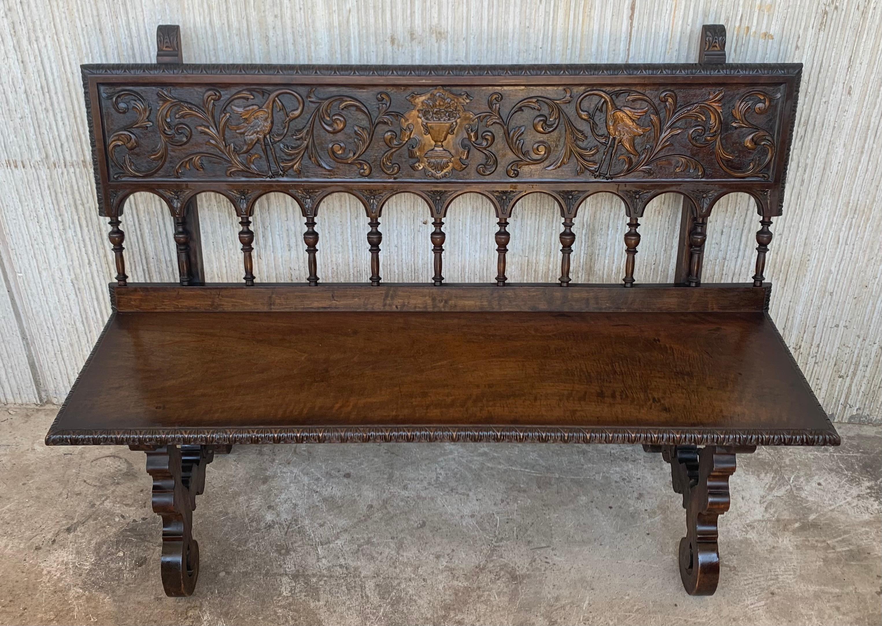 Stunning antique Spanish Renaissance walnut bench, called 