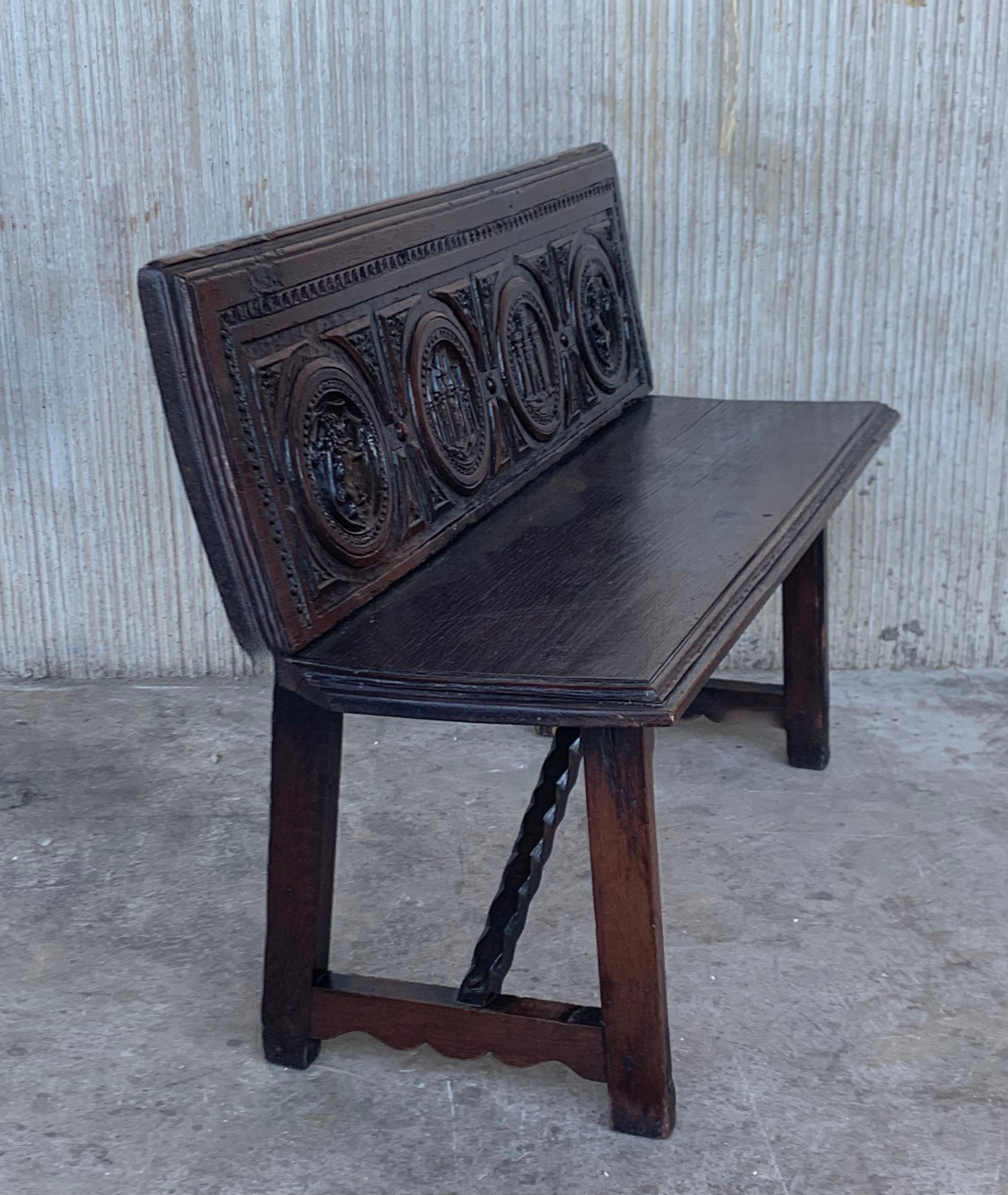 19th Century Spanish Renaissance Carved Walnut Bench Banquette 