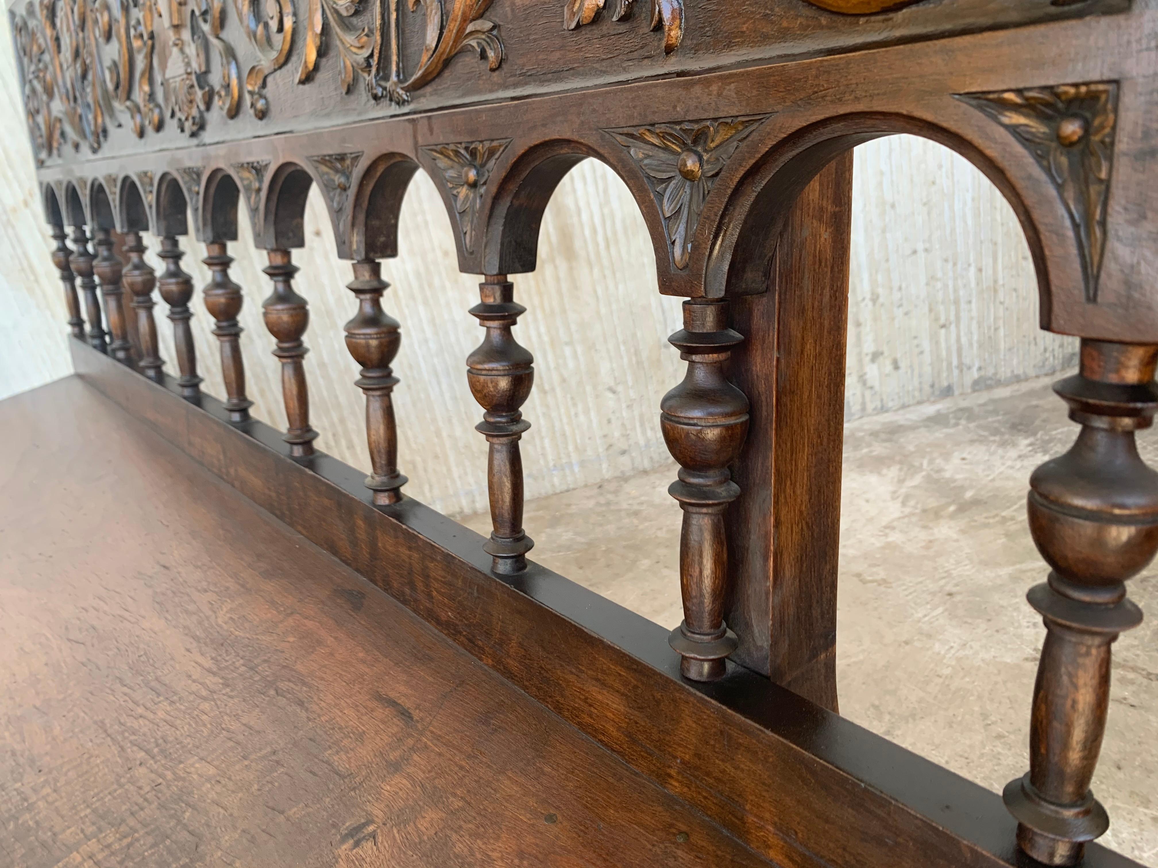 19th Century Spanish Renaissance Carved Walnut Bench Banquette 