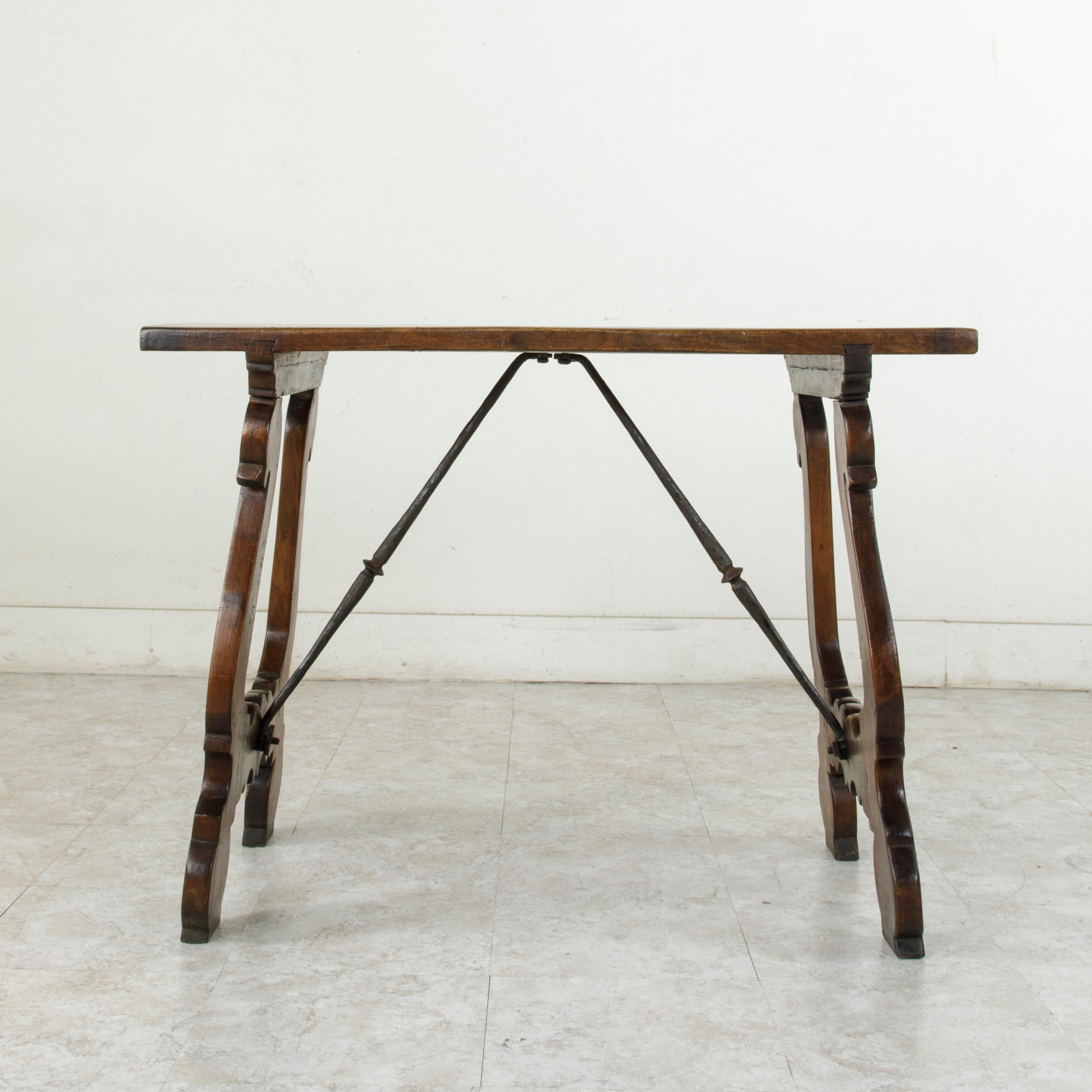 Forged 19th Century Spanish Renaissance Style Walnut Console Writing Table with Iron