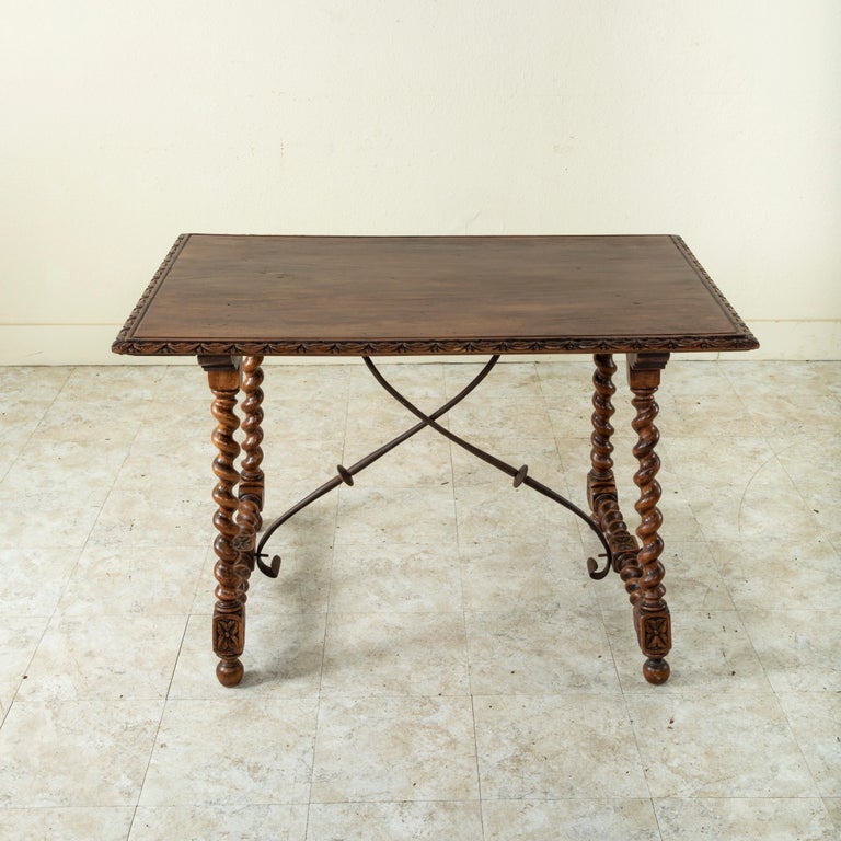 19th Century Spanish Renaissance Style Walnut Table with Forged Iron ...