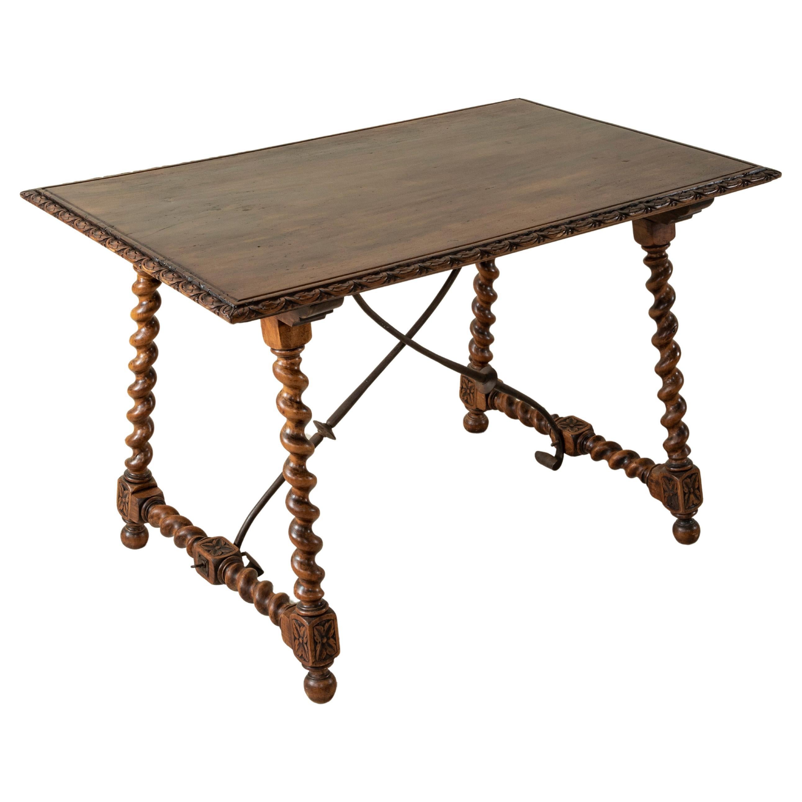 19th Century Spanish Renaissance Style Walnut Table with Forged Iron Stretcher For Sale