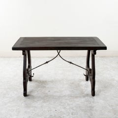19th Century Spanish Renaissance Style Walnut Writing Table with Iron Stretcher