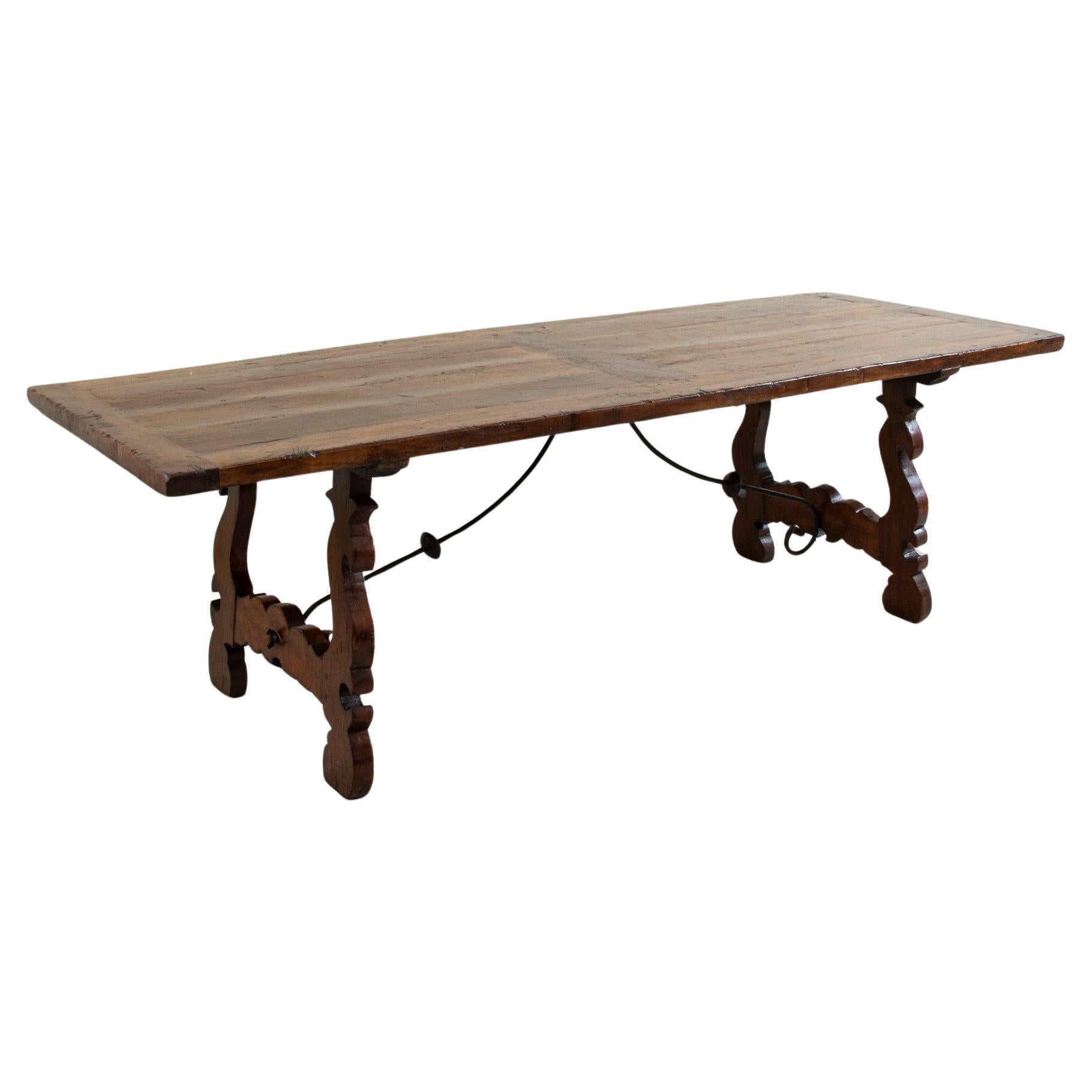 19th Century Spanish Renaissance Walnut and Hand Forged Iron Dining Table 98" L