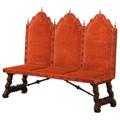 19th Century Spanish Renaissance Walnut and Velvet Three-Seat Bench