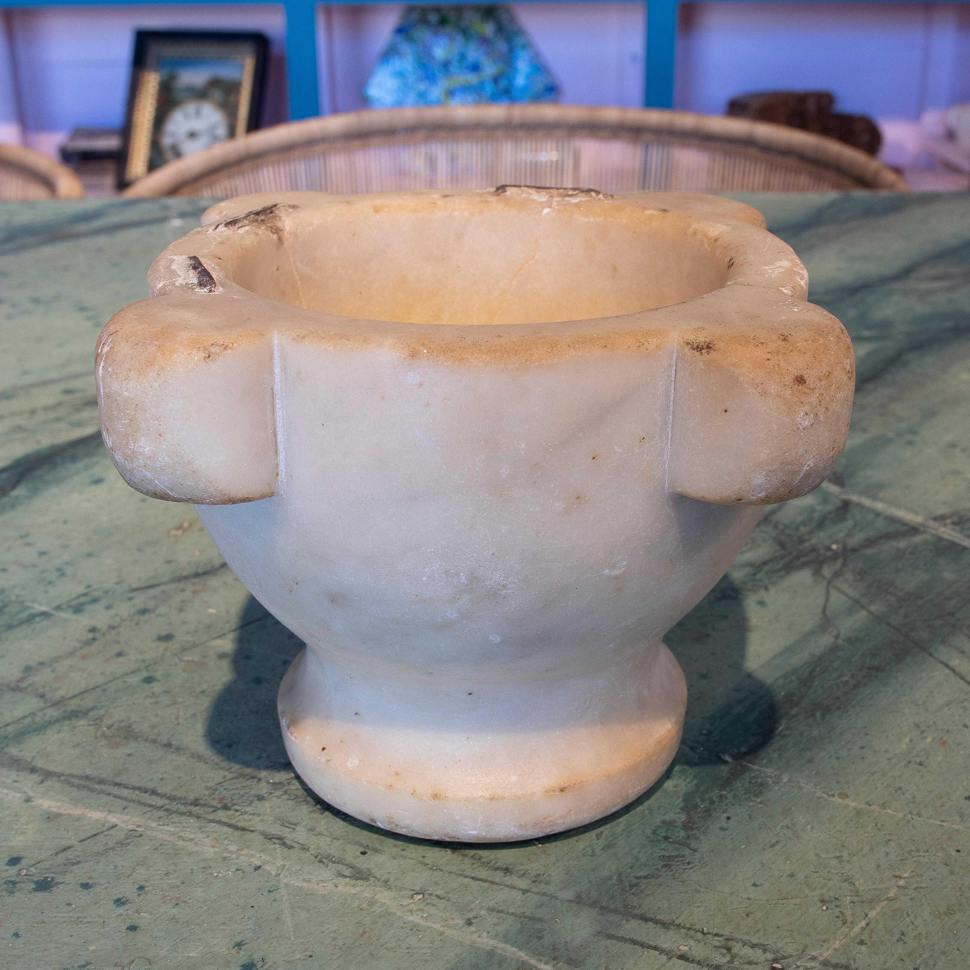 Antique 19th century Spanish restored white marble kitchen mortar.