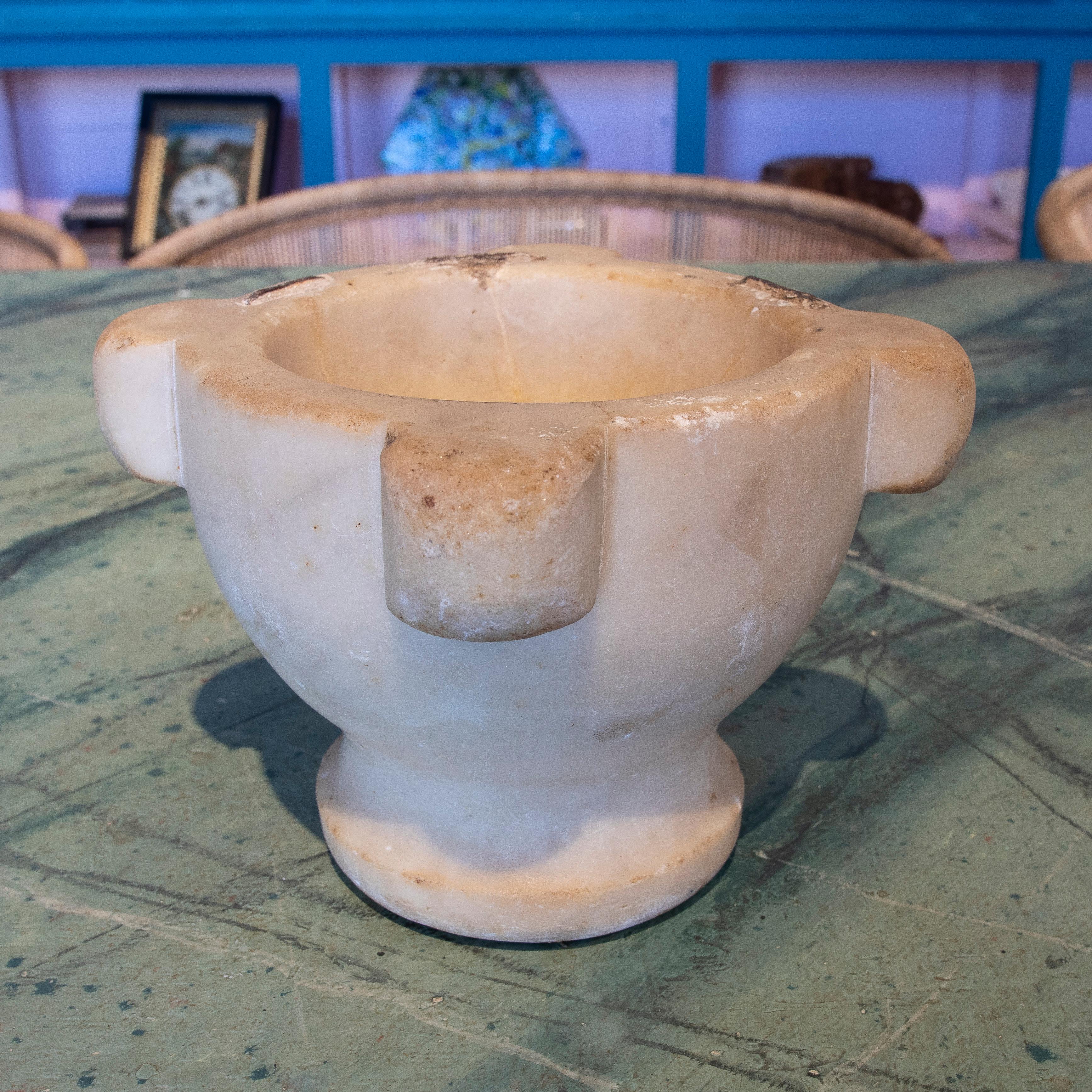 Hand-Carved 19th Century Spanish Restored White Marble Kitchen Mortar