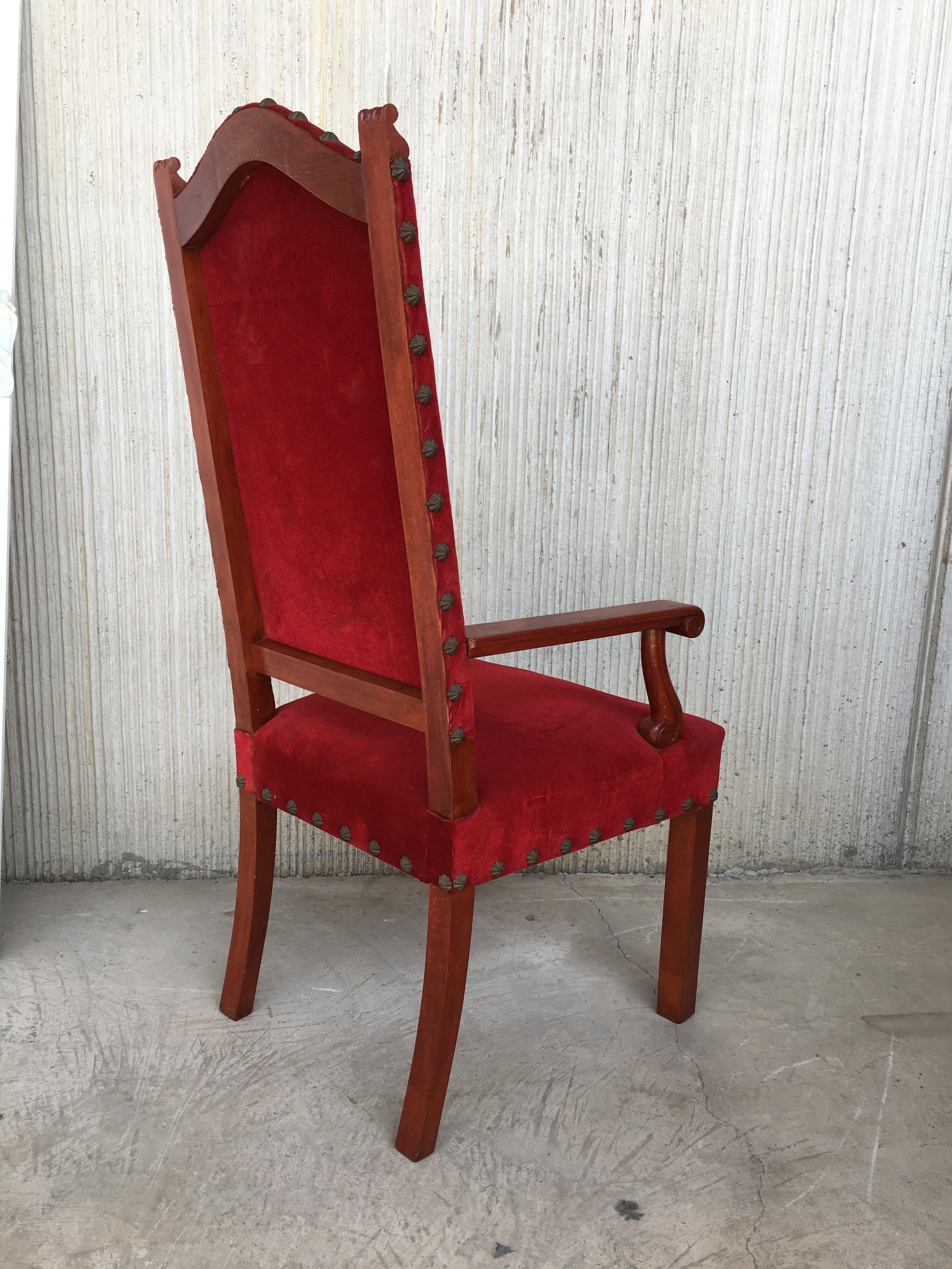 19th century Spanish revival high back armchair with red velvet upholstery.