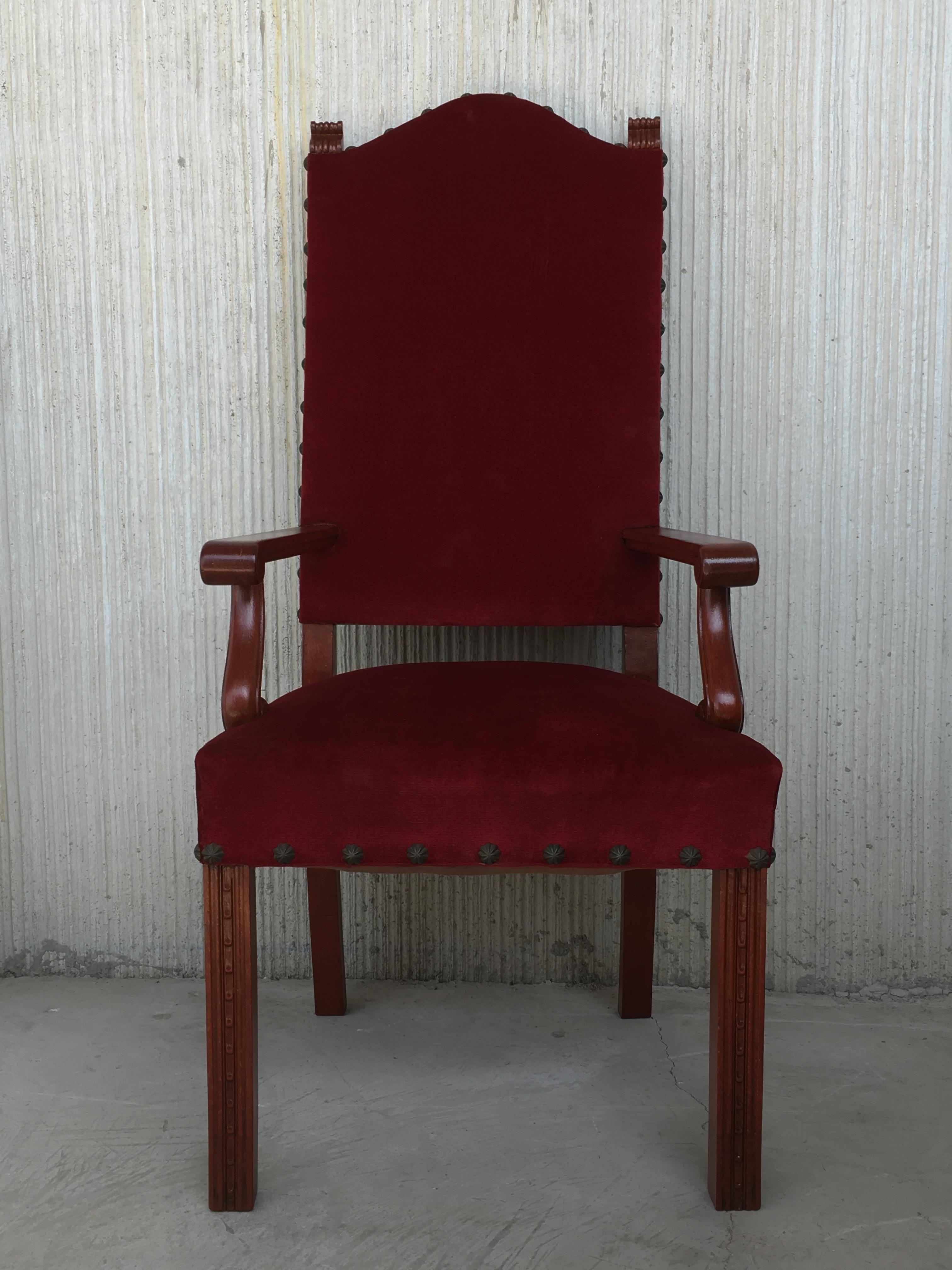 Baroque Revival 19th Century Spanish Revival High Back Armchair with Red Velvet Upholstery For Sale