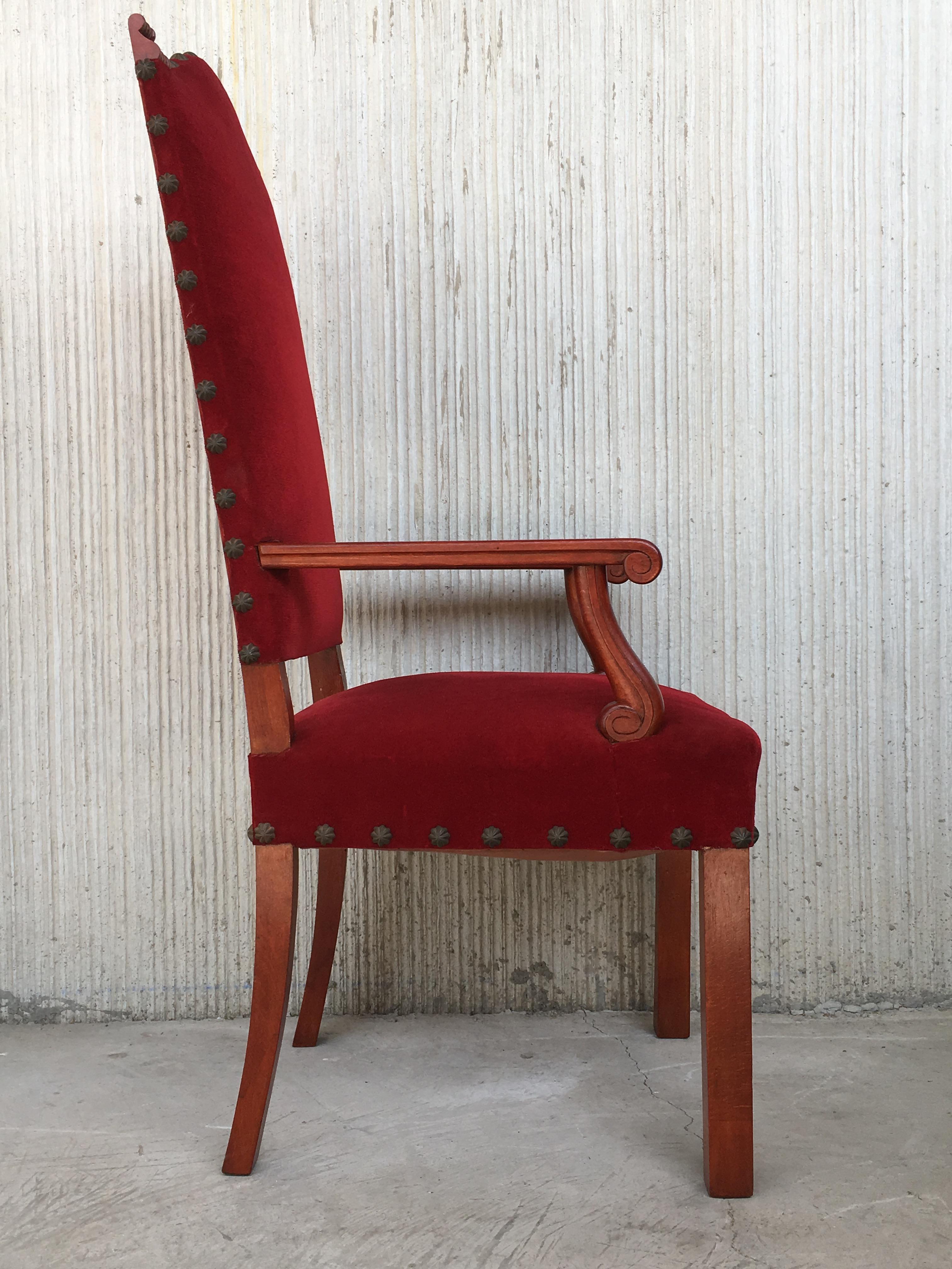 19th Century Spanish Revival High Back Armchair with Red Velvet Upholstery In Excellent Condition For Sale In Miami, FL