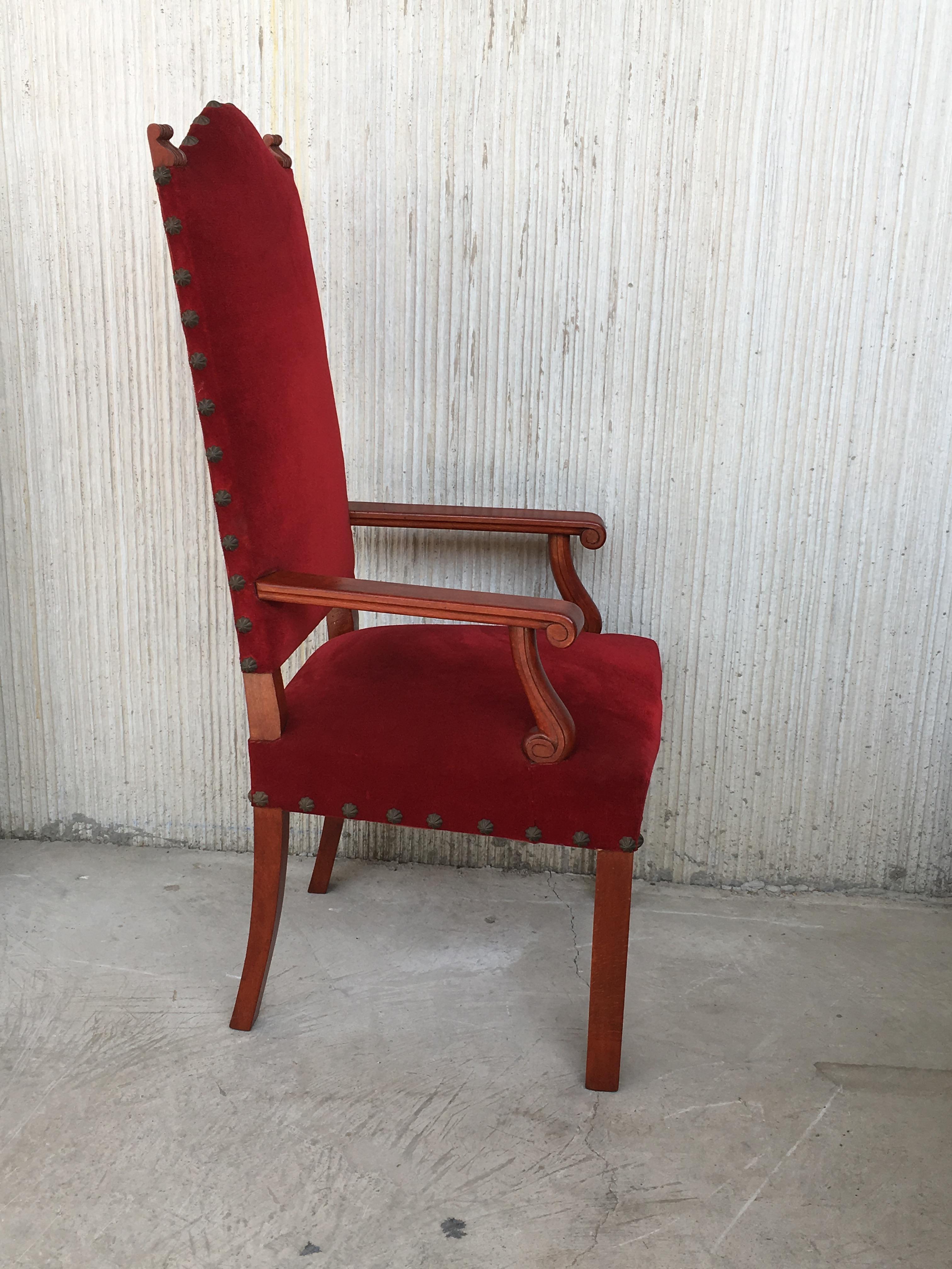 19th Century Spanish Revival High Back Armchair with Red Velvet Upholstery For Sale 1