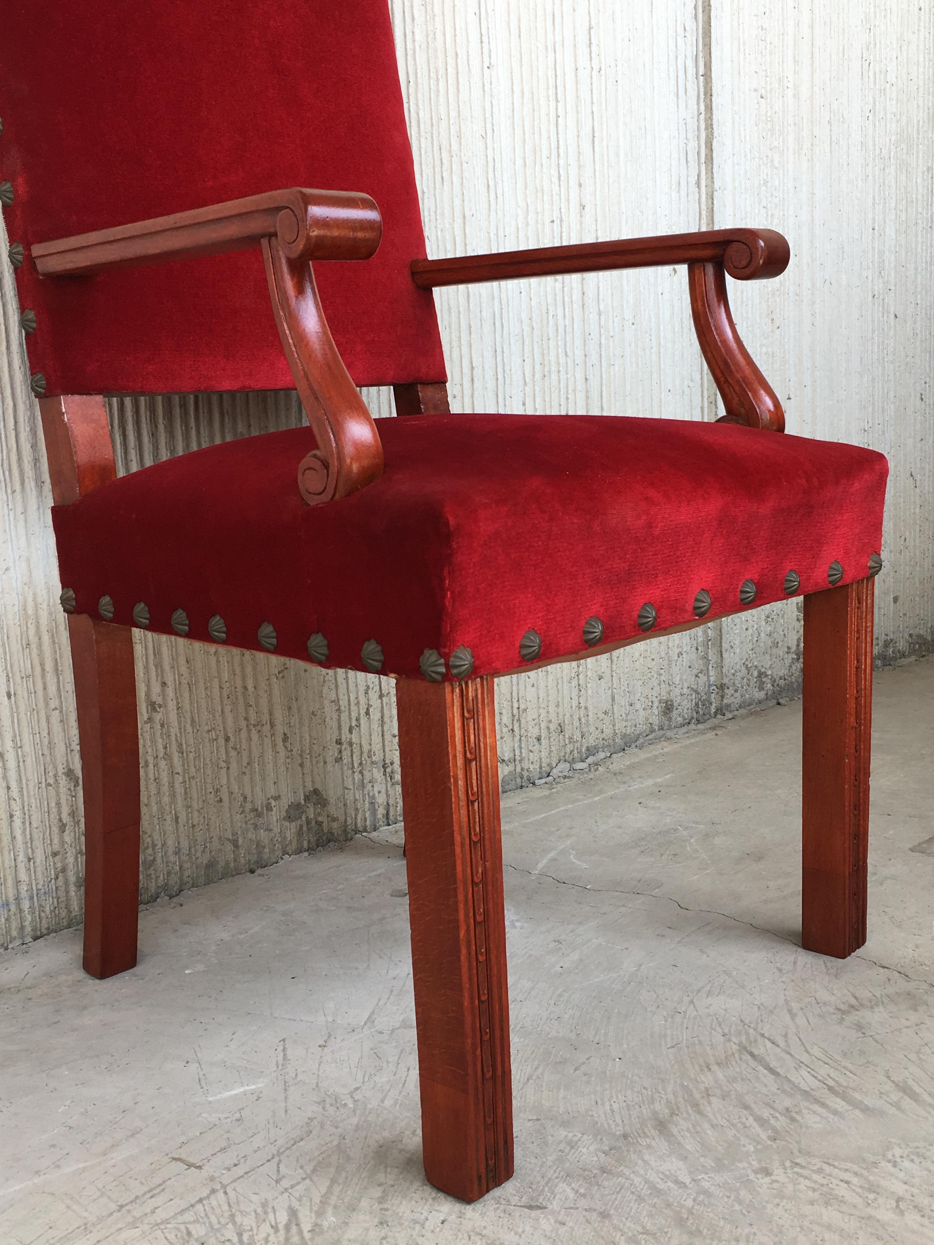 19th Century Spanish Revival High Back Armchair with Red Velvet Upholstery For Sale 2