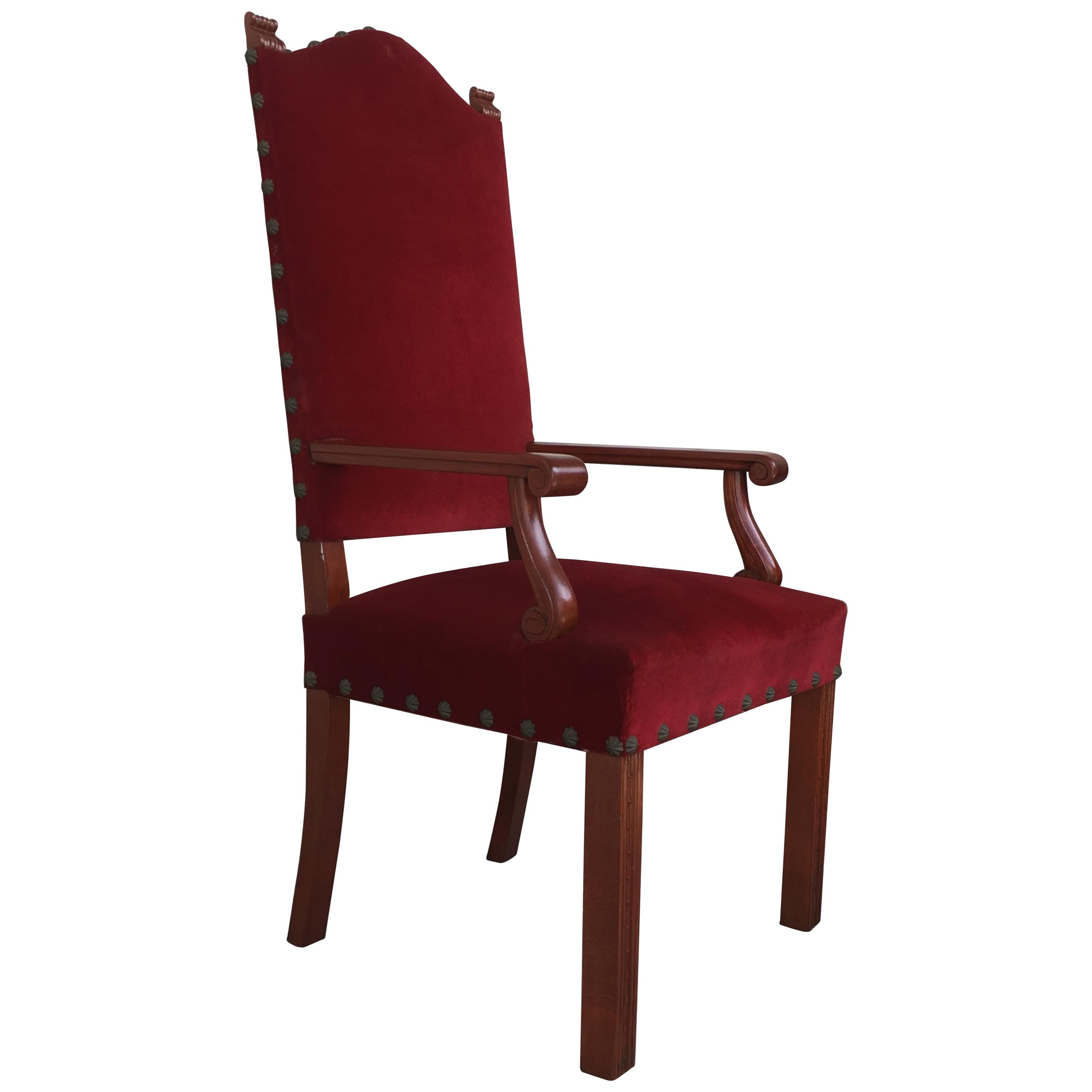 19th Century Spanish Revival High Back Armchair with Red Velvet Upholstery
