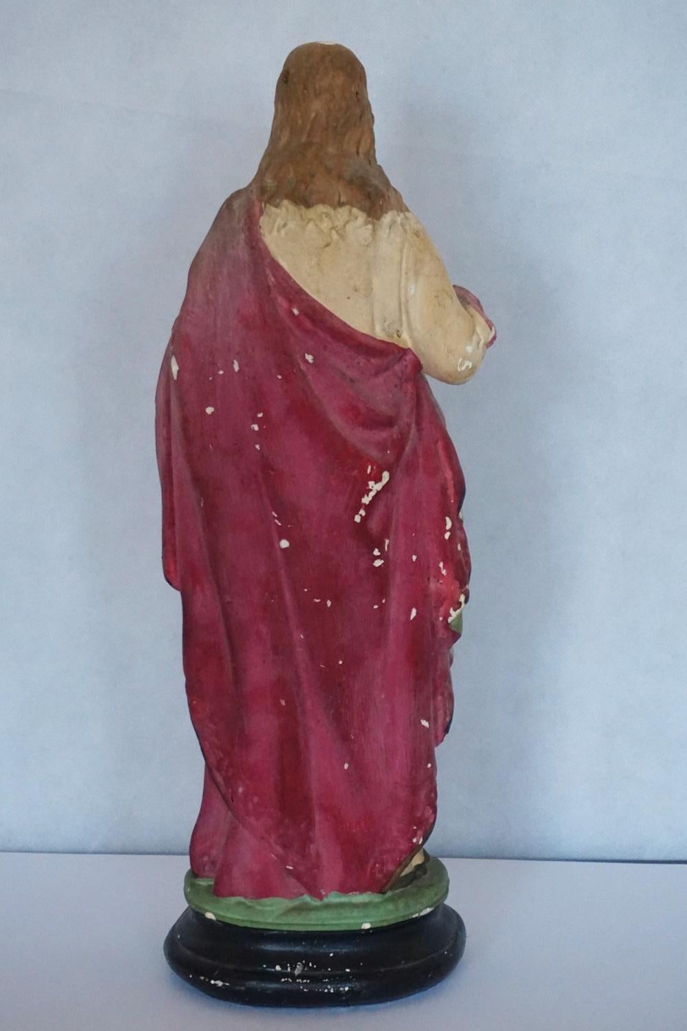 19th Century Spanish  Sacred Heart of Jesus Statue, Handmade Plaster Sculpture In Good Condition In Frankfurt am Main, DE