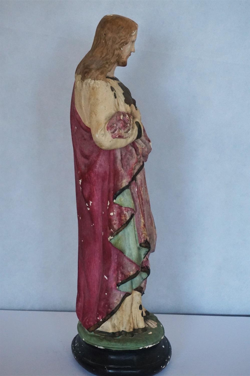 19th Century Spanish  Sacred Heart of Jesus Statue, Handmade Plaster Sculpture 1
