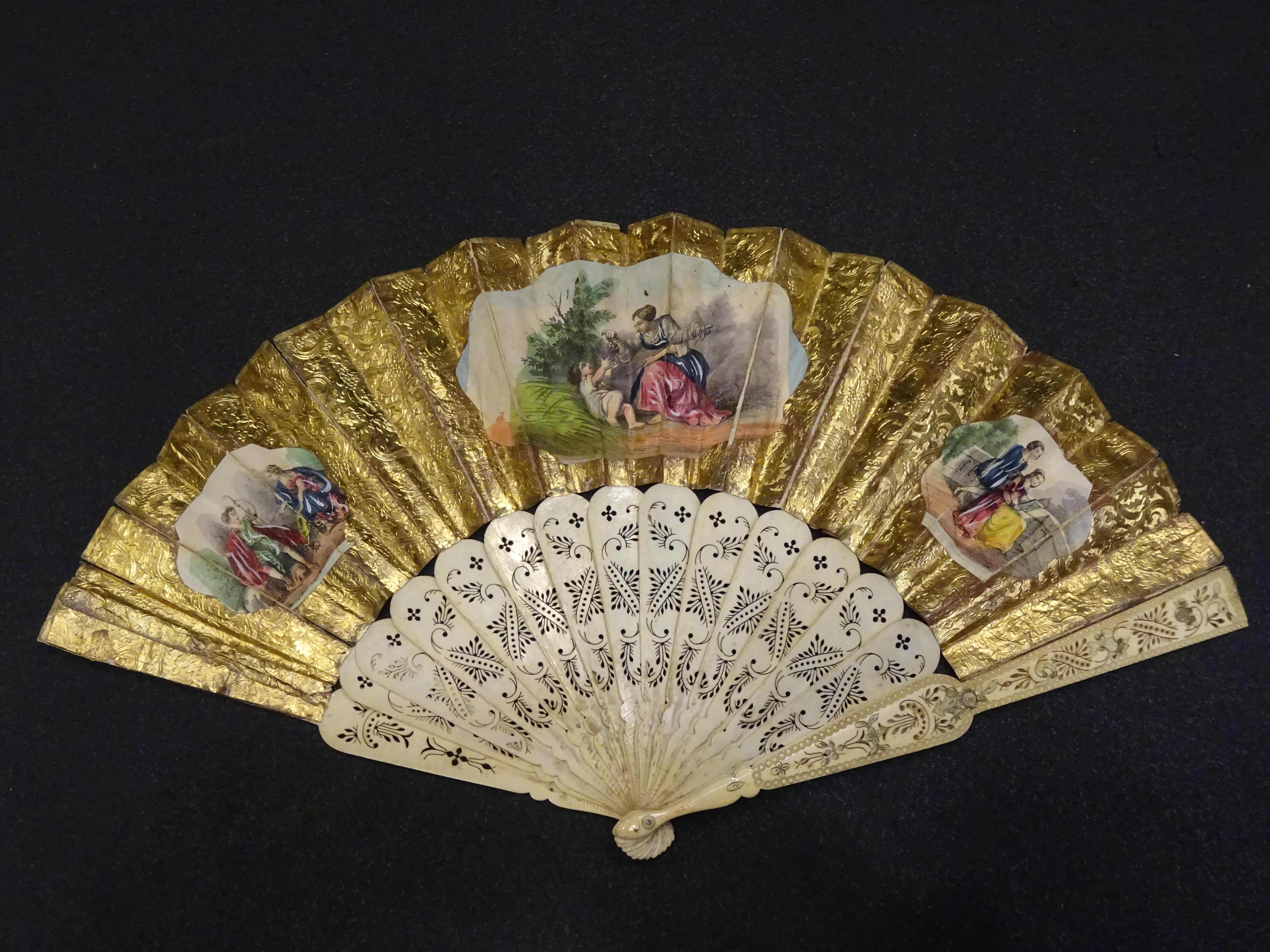 19th Century Spanish School Gold and Silver Paper and Bone Linkage Fan 4