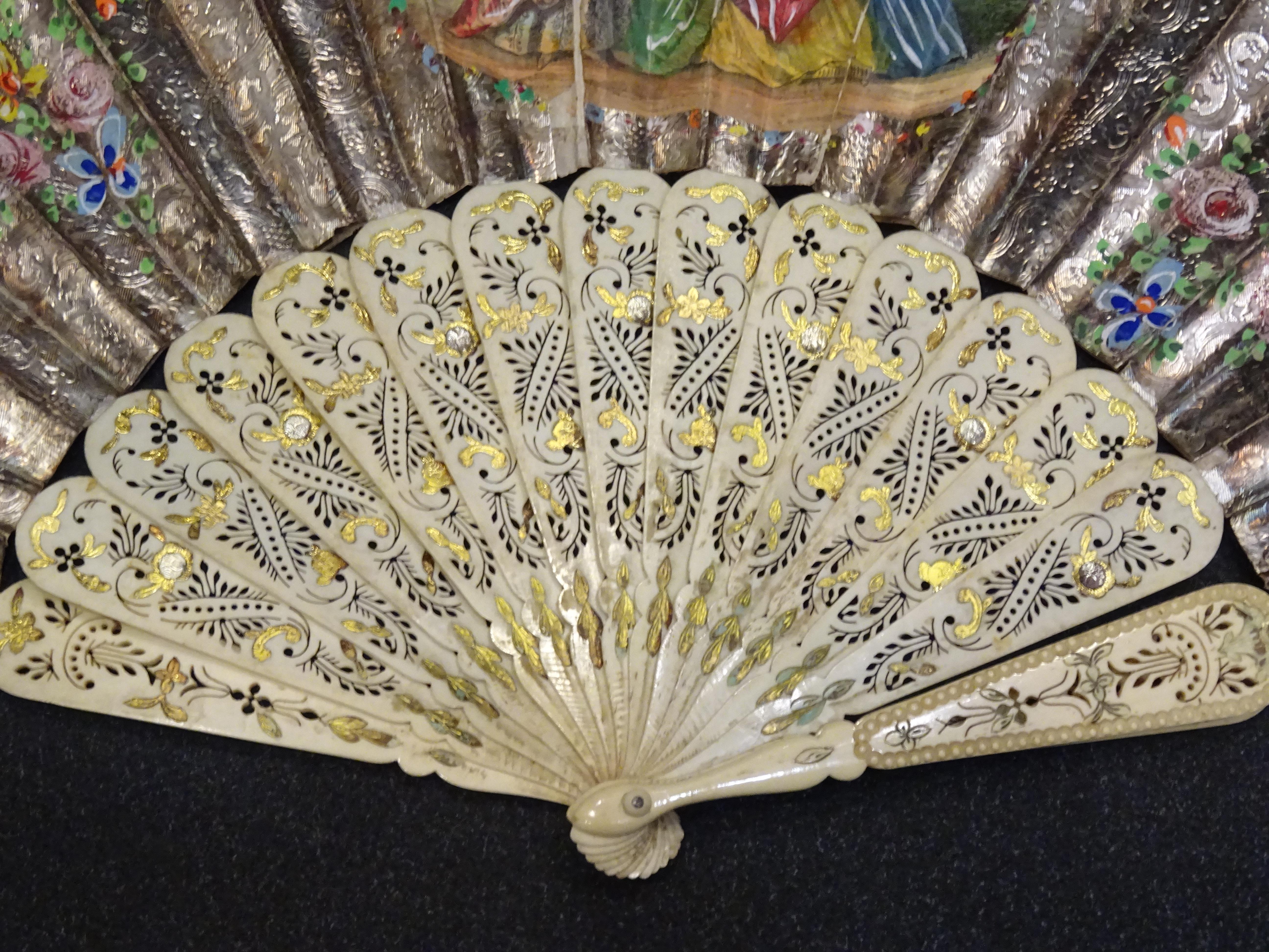 Découpage 19th Century Spanish School Gold and Silver Paper and Bone Linkage Fan