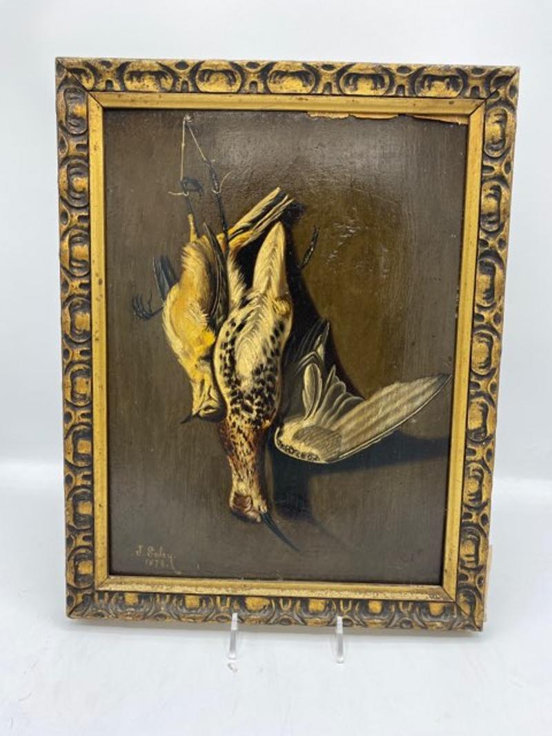 19th Century Spanish School oil on panel depicting game birds in gold gilt frame. Signed lower left corner 