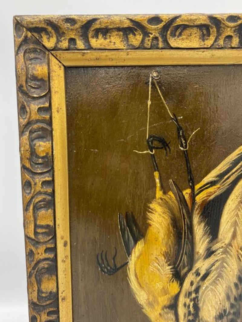 Paint 19th Century Spanish School Oil on Panel Depicting Game Birds in Gold Gilt Frame