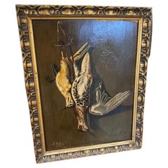 19th Century Spanish School Oil on Panel Depicting Game Birds in Gold Gilt Frame