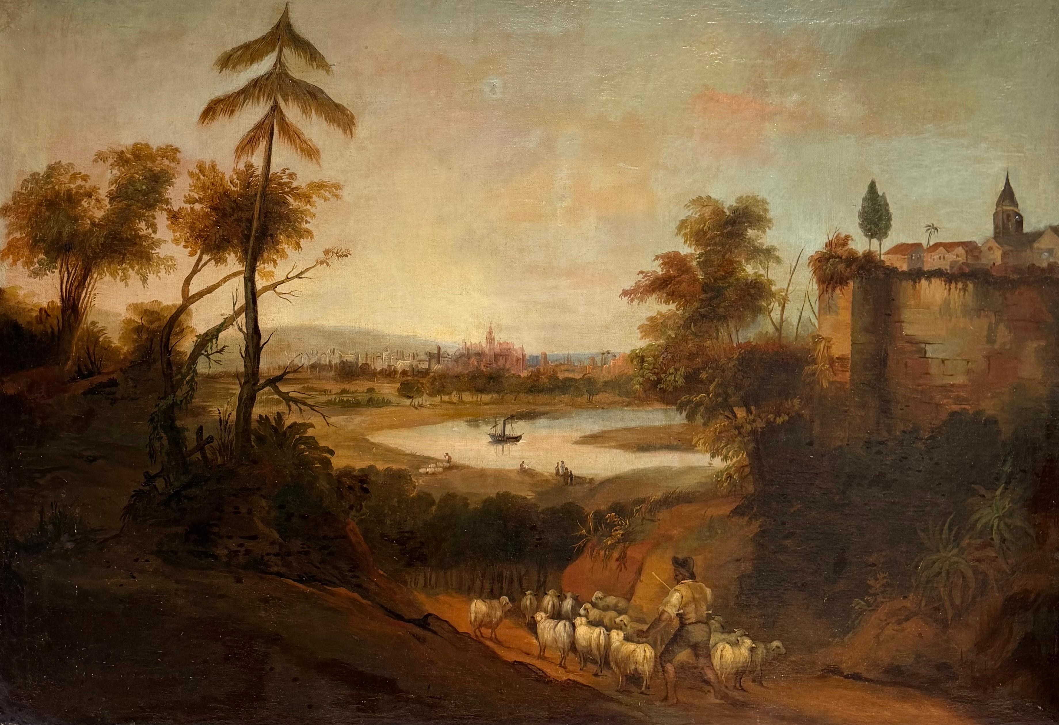 19th Century Spanish School Landscape Painting – Sevilla Landschaft Figuren & Kathedrale in der Ferne Sehr seltenes frühes Gemälde