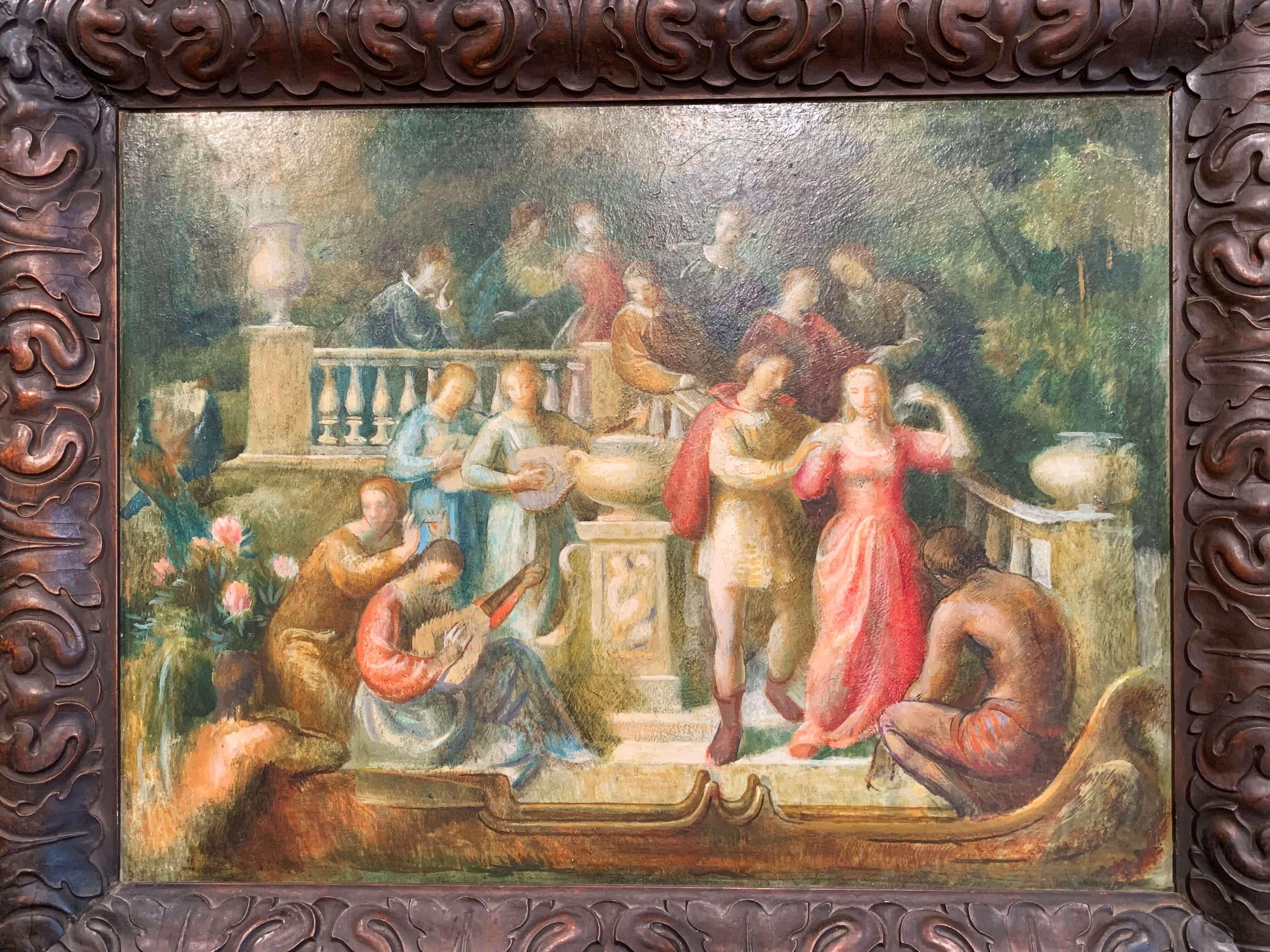 For a pop of vibrant color, look no further than this Spanish painting on board. Painted in Spain circa 1870, the scene depicts a serenade, in which a young man proposes marriage to a young beauty. The illustrated composition has a bright, cheerful