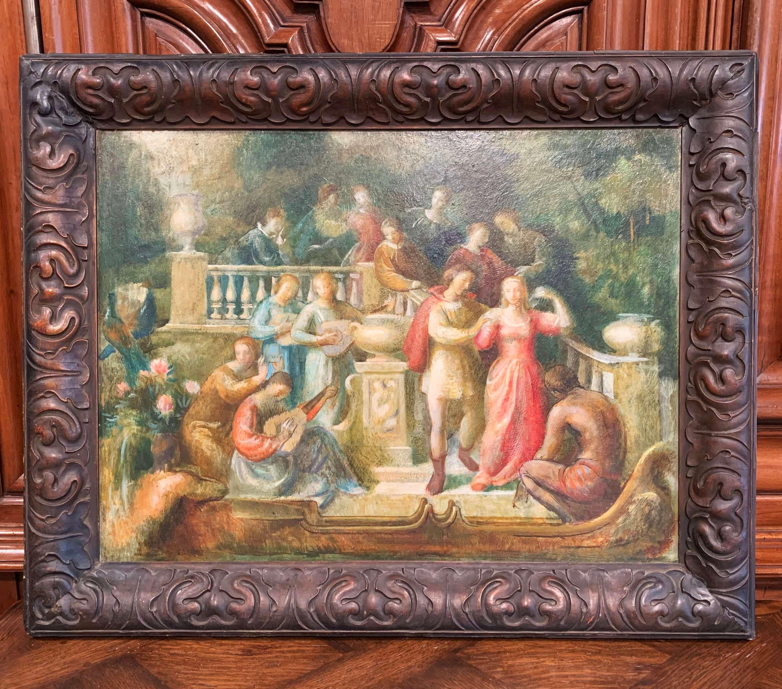 19th Century Spanish Serenade Painting on Board in Original Carved Frame In Excellent Condition In Dallas, TX