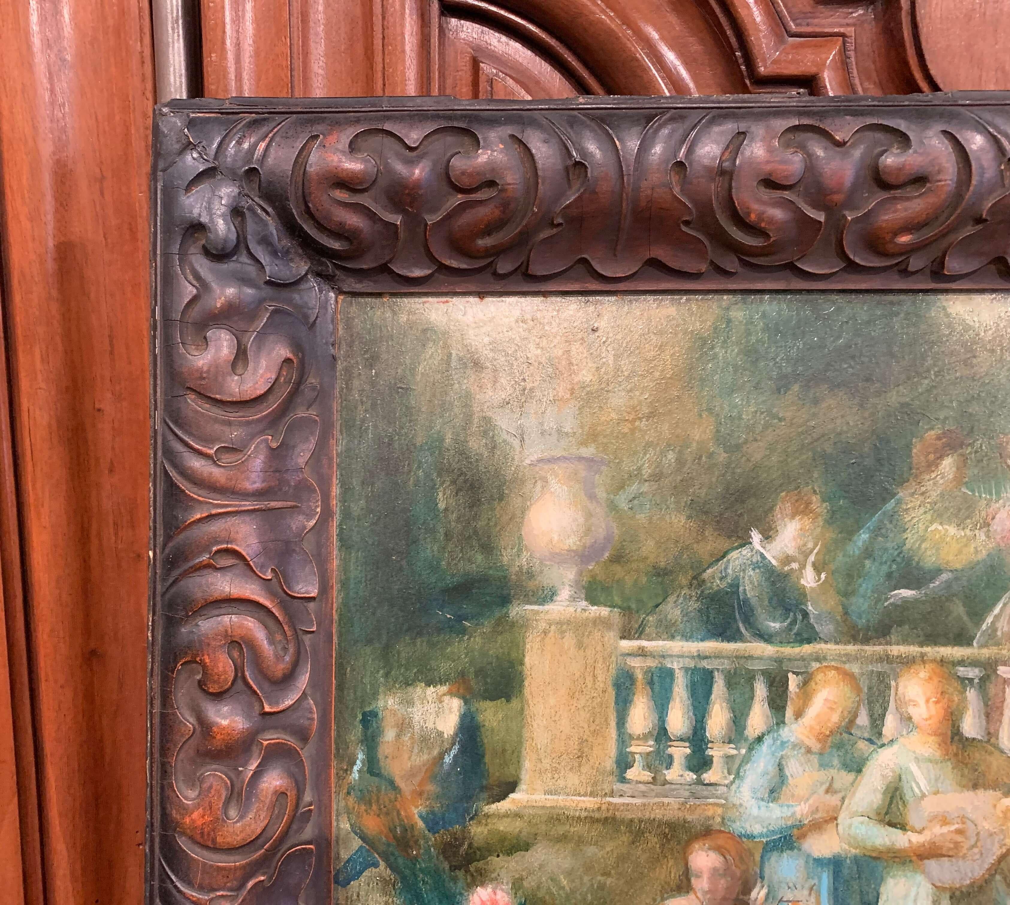 Wood 19th Century Spanish Serenade Painting on Board in Original Carved Frame