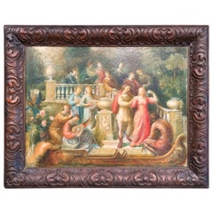 19th Century Spanish Serenade Painting on Board in Original Carved Frame