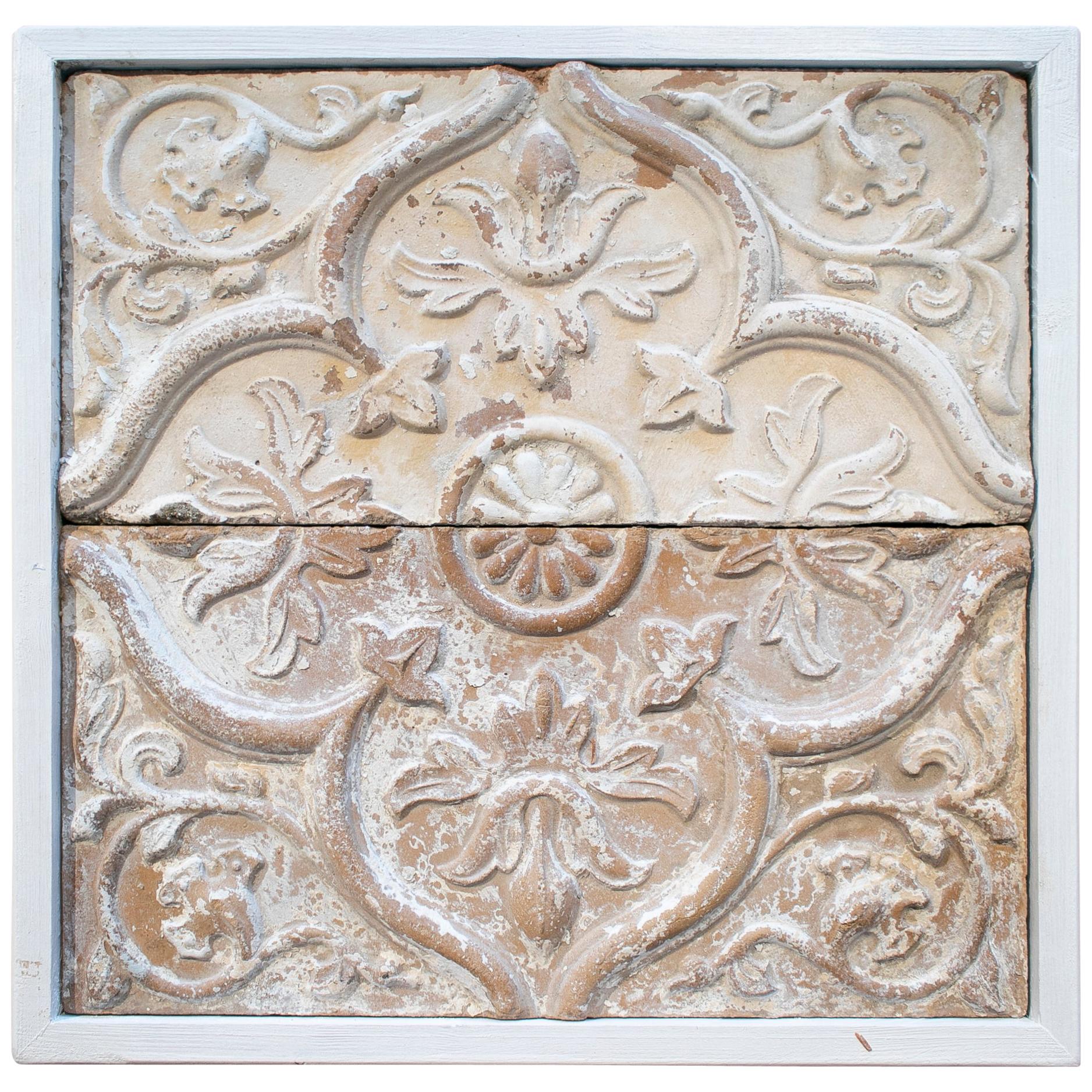 19th Century Spanish Set of 2 Framed Low-Relief Ceramic Tiles