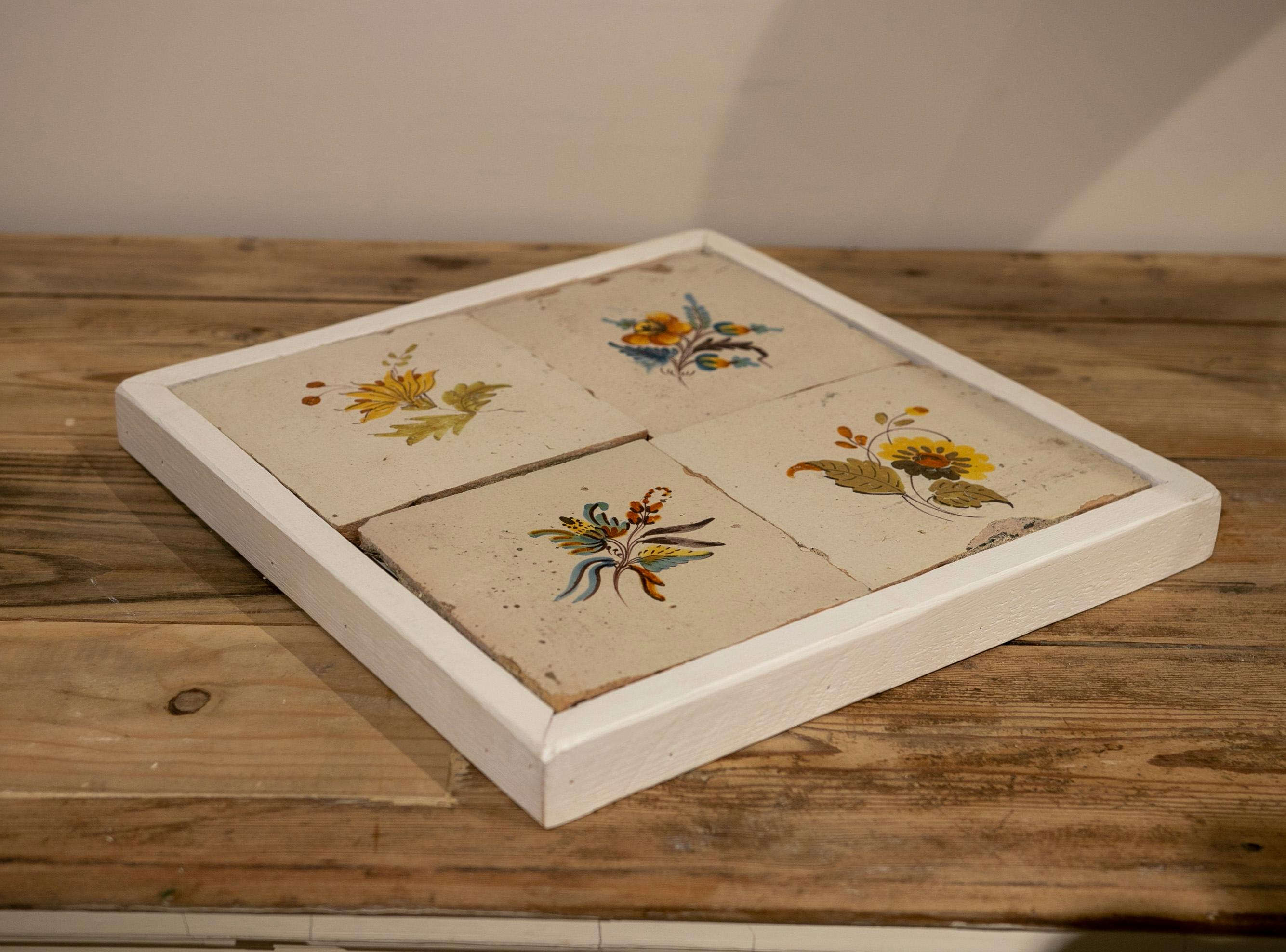 19th Century, Spanish Set of Four Hand-Painted Framed Tiles For Sale 1