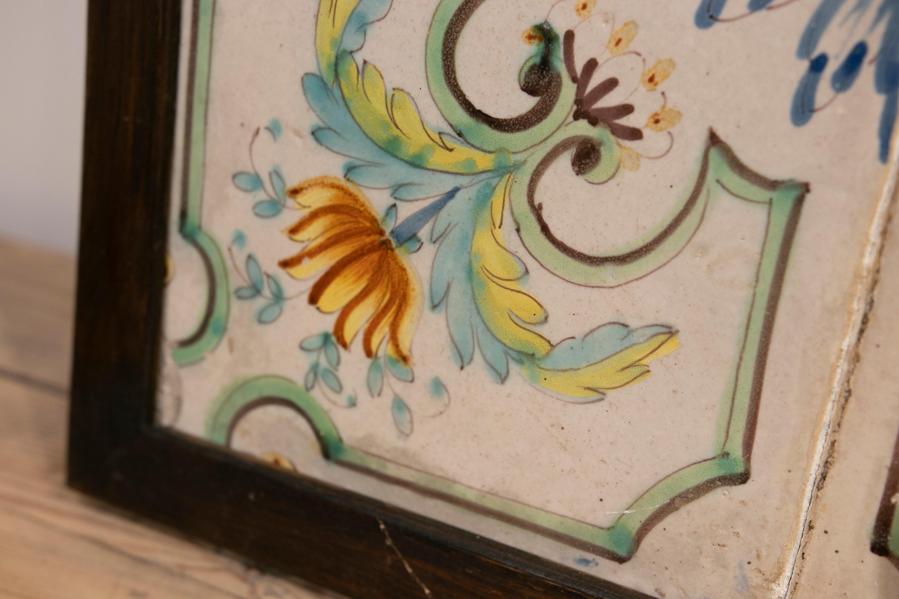 19th Century Spanish Set of Four Hand-Painted Framed Tiles For Sale 1
