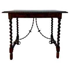 Antique 19th Century Spanish Side Table with Cared Turned Legs and Iron Stretcher, 1850