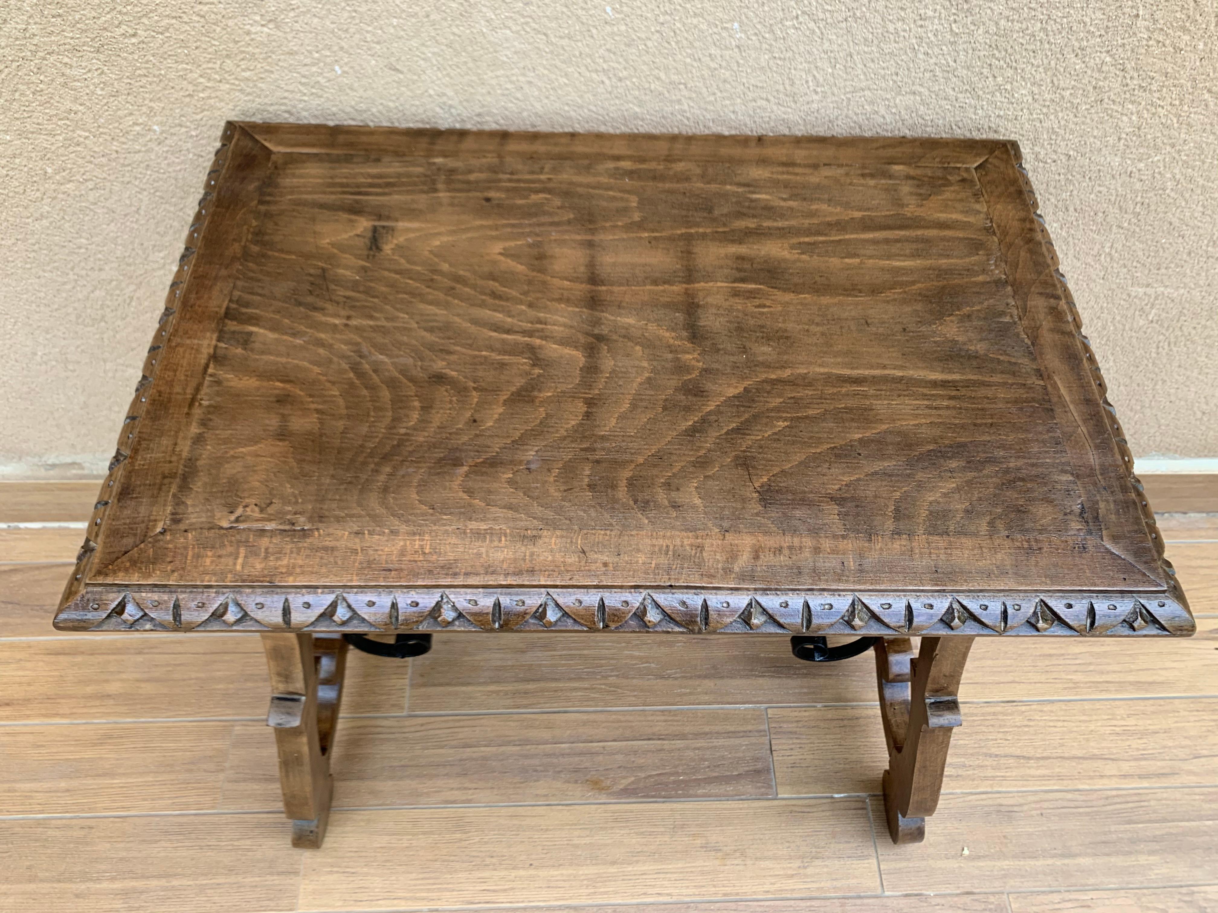 19th Century Spanish Side Table with Hand Carved Lyre Leg and Iron Stretcher 6