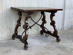 19th Century Spanish Side Table with Hand Carved Lyre Leg and Iron Stretcher