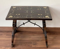 19th Century Spanish Side Table with Hand Carved Lyre Leg and Iron Stretcher