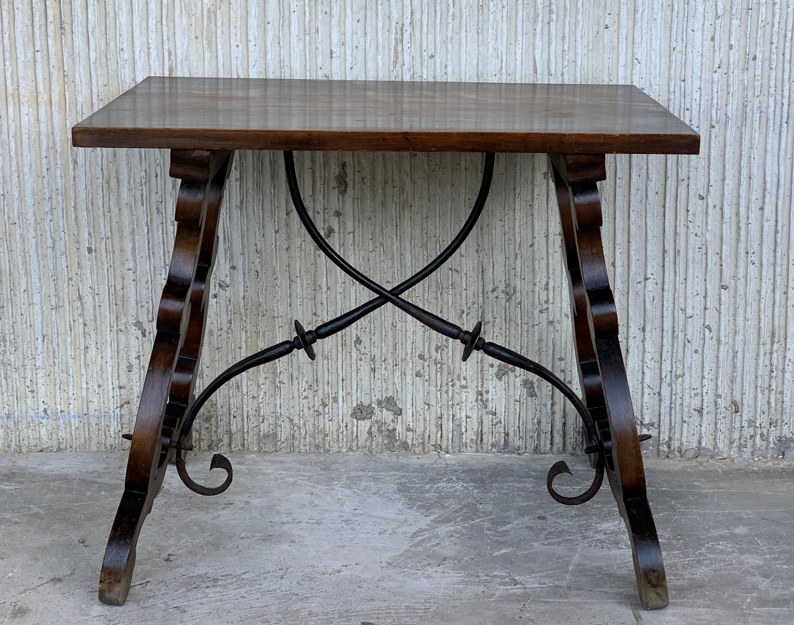 Baroque 19th Century Spanish Side Table with Hand Carved Lyre Leg and Iron Stretcher