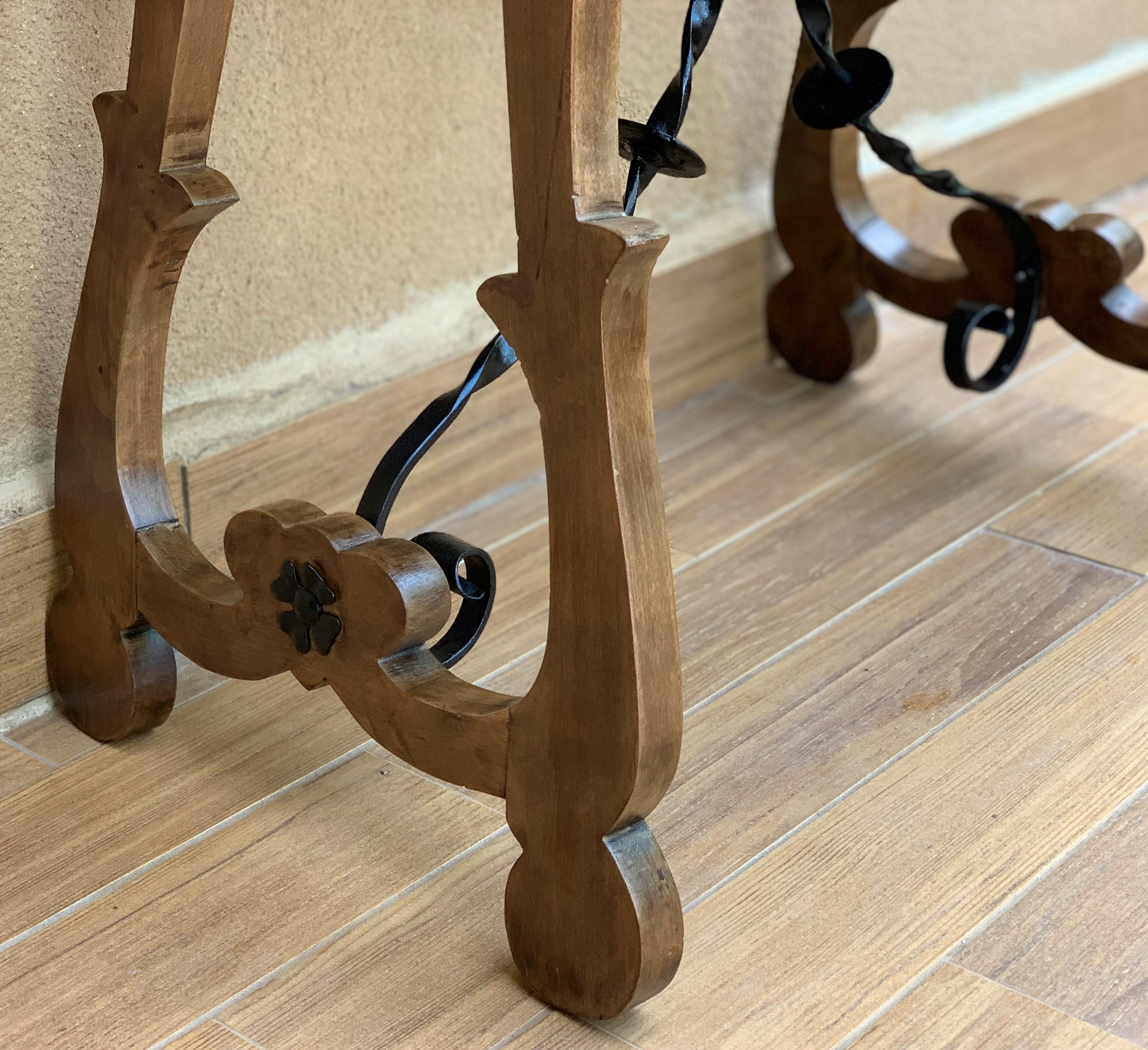 19th Century Spanish Side Table with Hand Carved Lyre Leg and Iron Stretcher 1