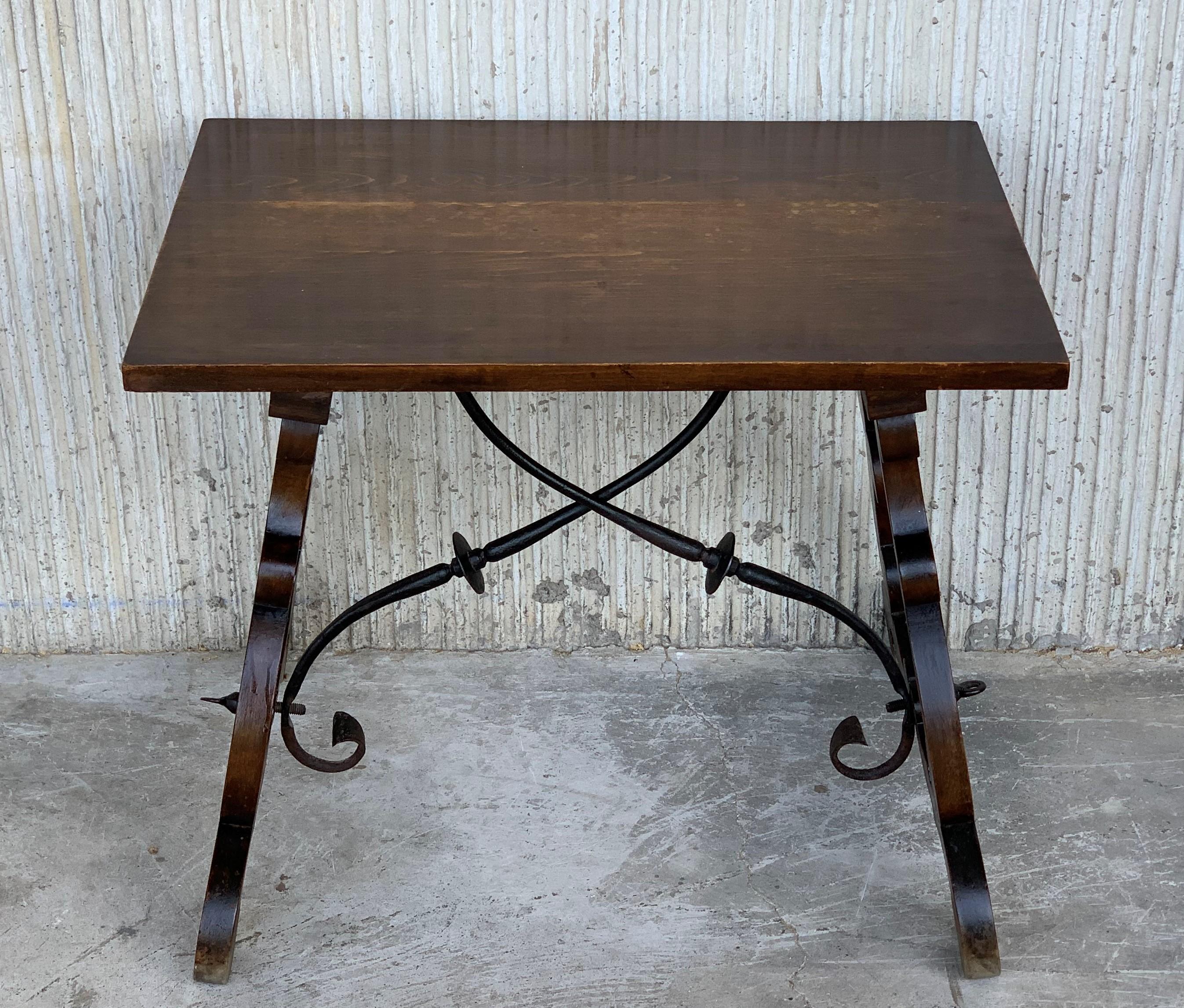 19th Century Spanish Side Table with Hand Carved Lyre Leg and Iron Stretcher In Good Condition In Miami, FL