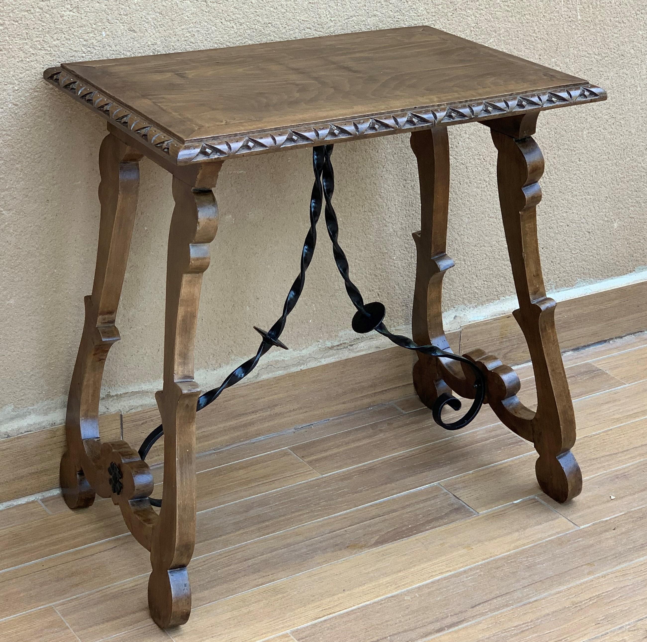 19th Century Spanish Side Table with Hand Carved Lyre Leg and Iron Stretcher 2