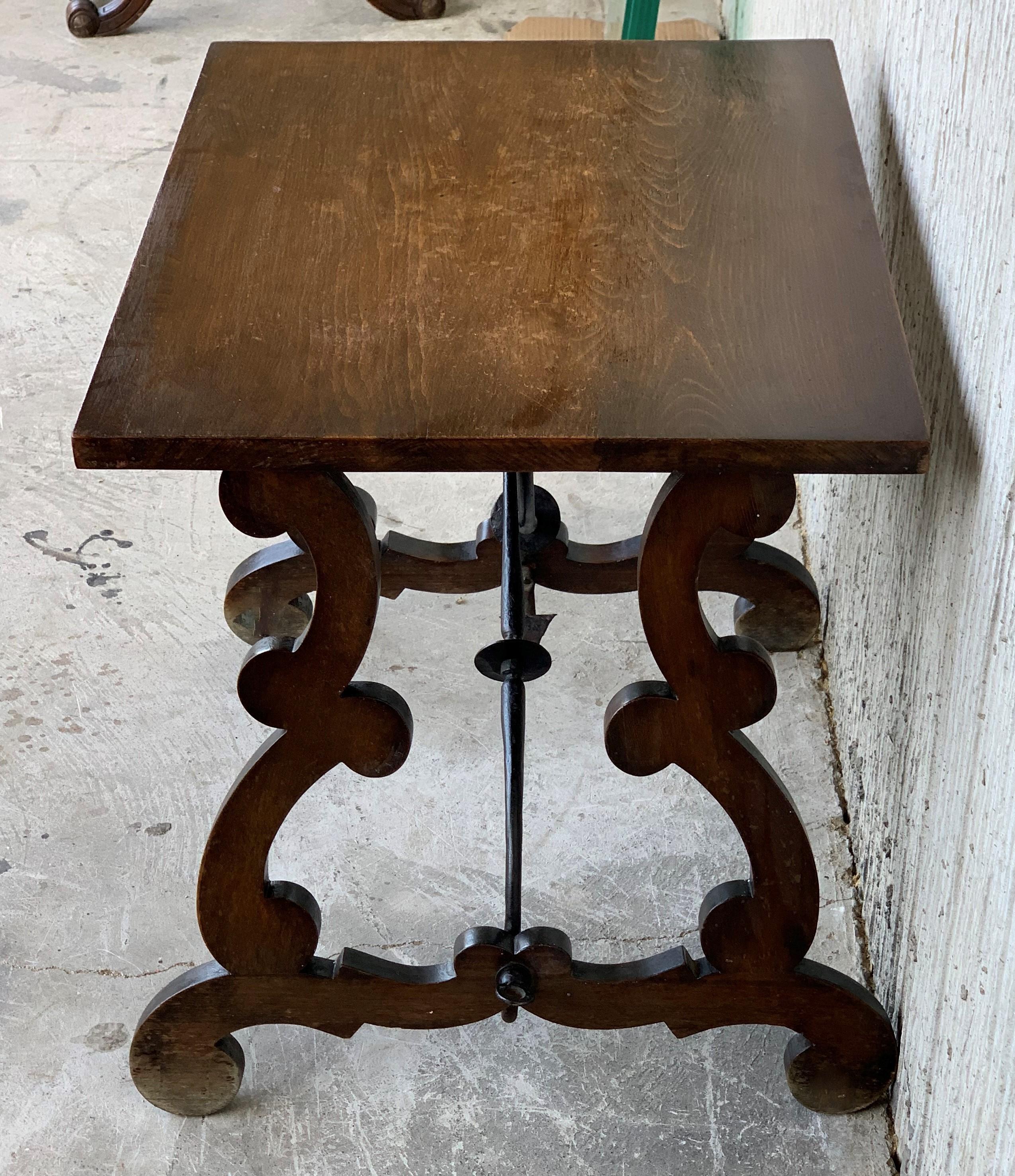 19th Century Spanish Side Table with Hand Carved Lyre Leg and Iron Stretcher 1
