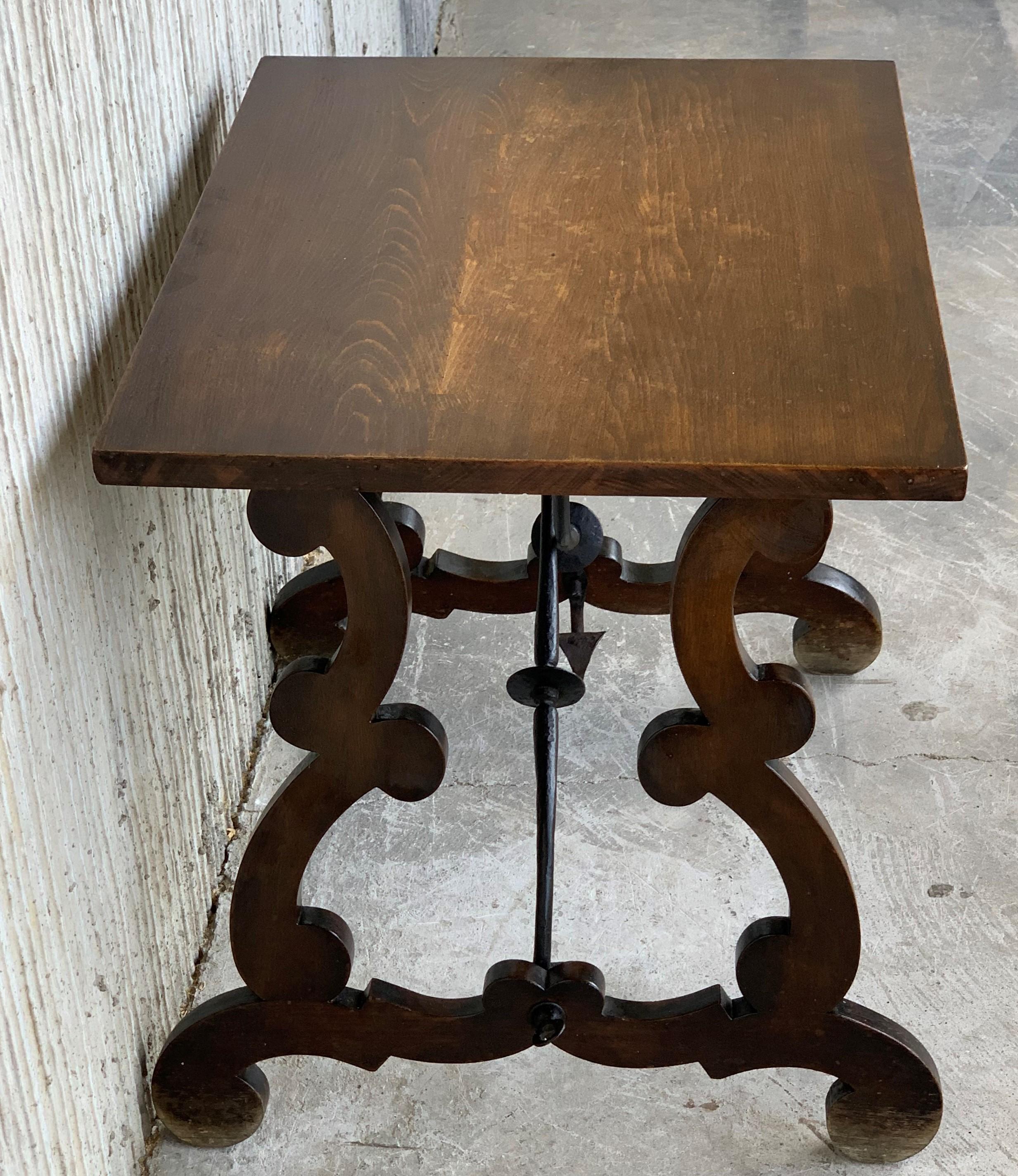 19th Century Spanish Side Table with Hand Carved Lyre Leg and Iron Stretcher 2