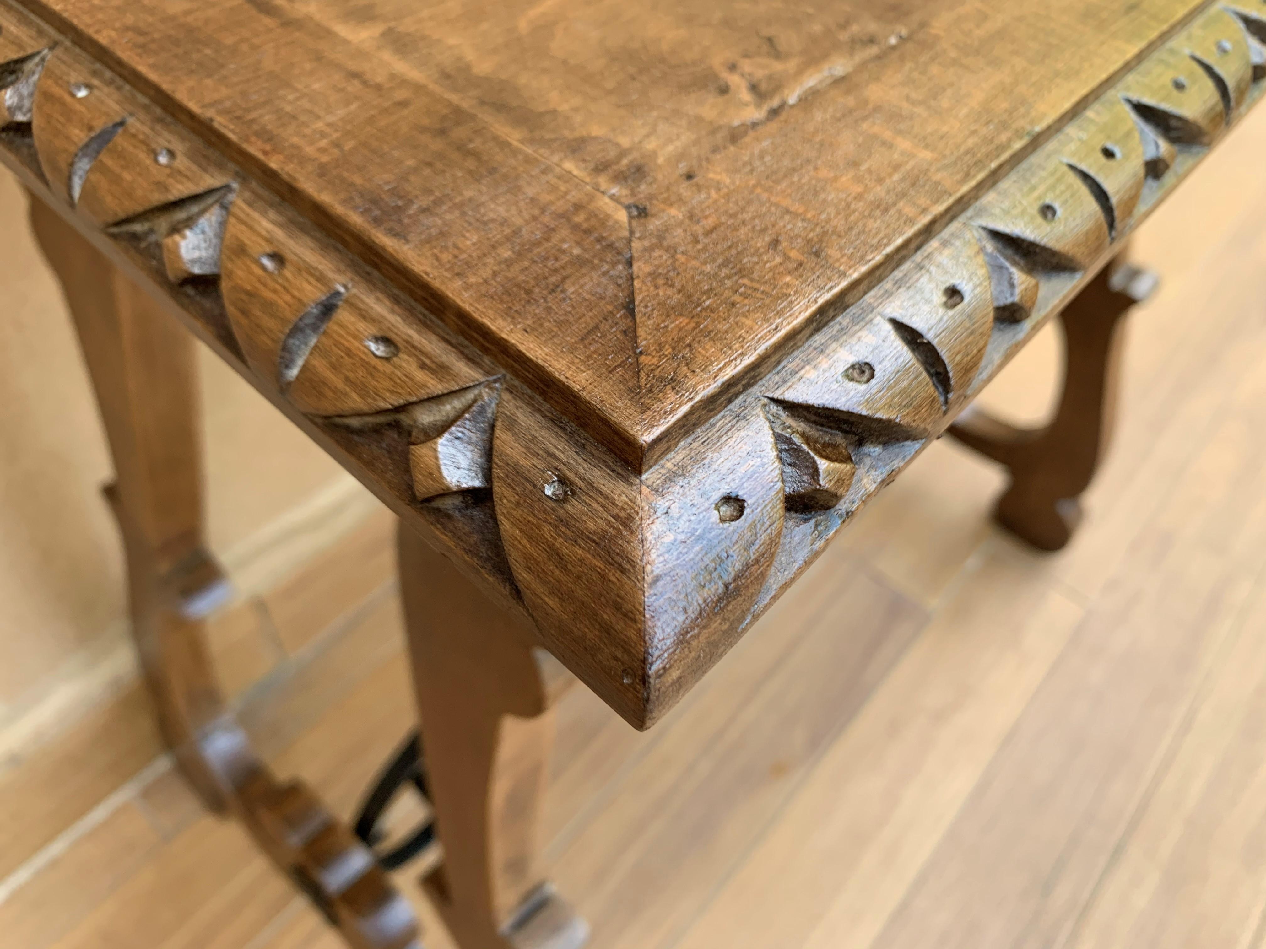 19th Century Spanish Side Table with Hand Carved Lyre Leg and Iron Stretcher In Good Condition For Sale In Miami, FL