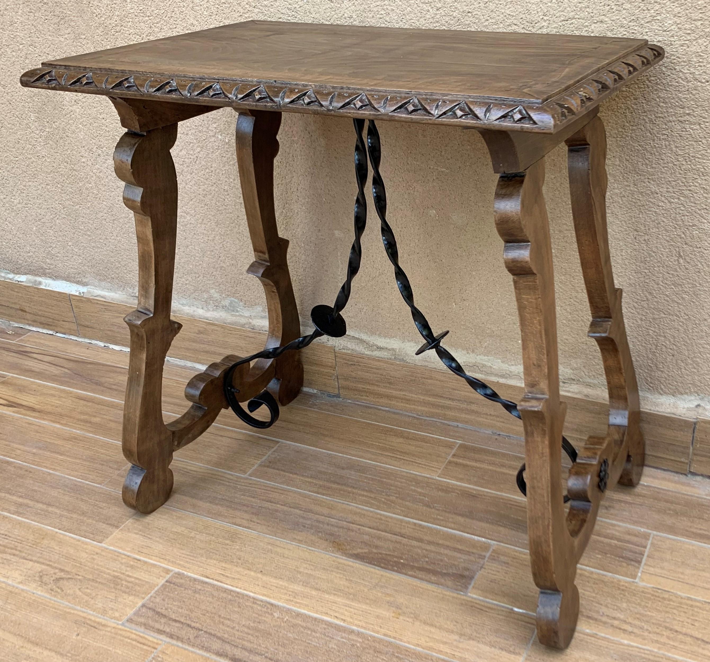 19th Century Spanish Side Table with Hand Carved Lyre Leg and Iron Stretcher 4